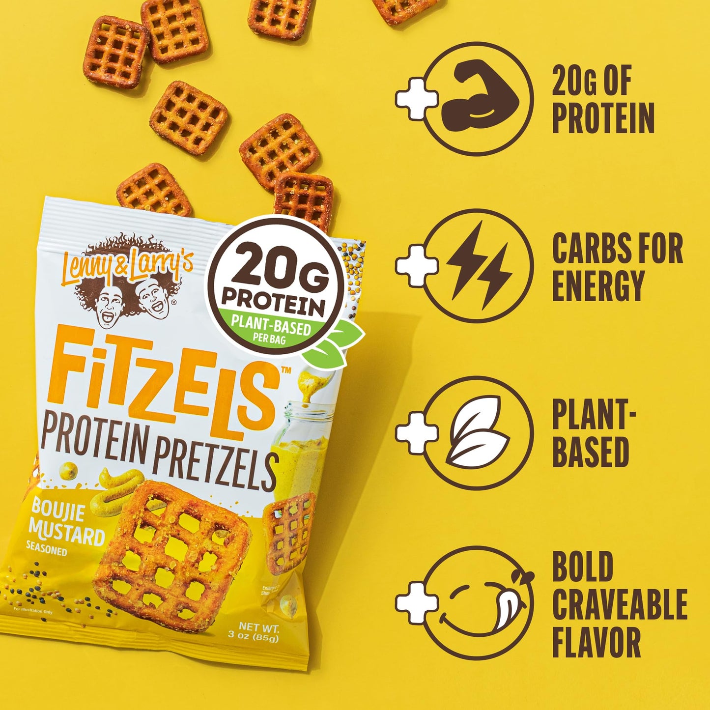 Lenny & Larry'S Boujie Mustard Fitzels- Savory Pretzel Snacks Incredibly Tasty, High Protein, Salty, Vegan, Kosher 20 G'S Of Plant Based Protein 8 (Eight) Bags, 3 Oz Each