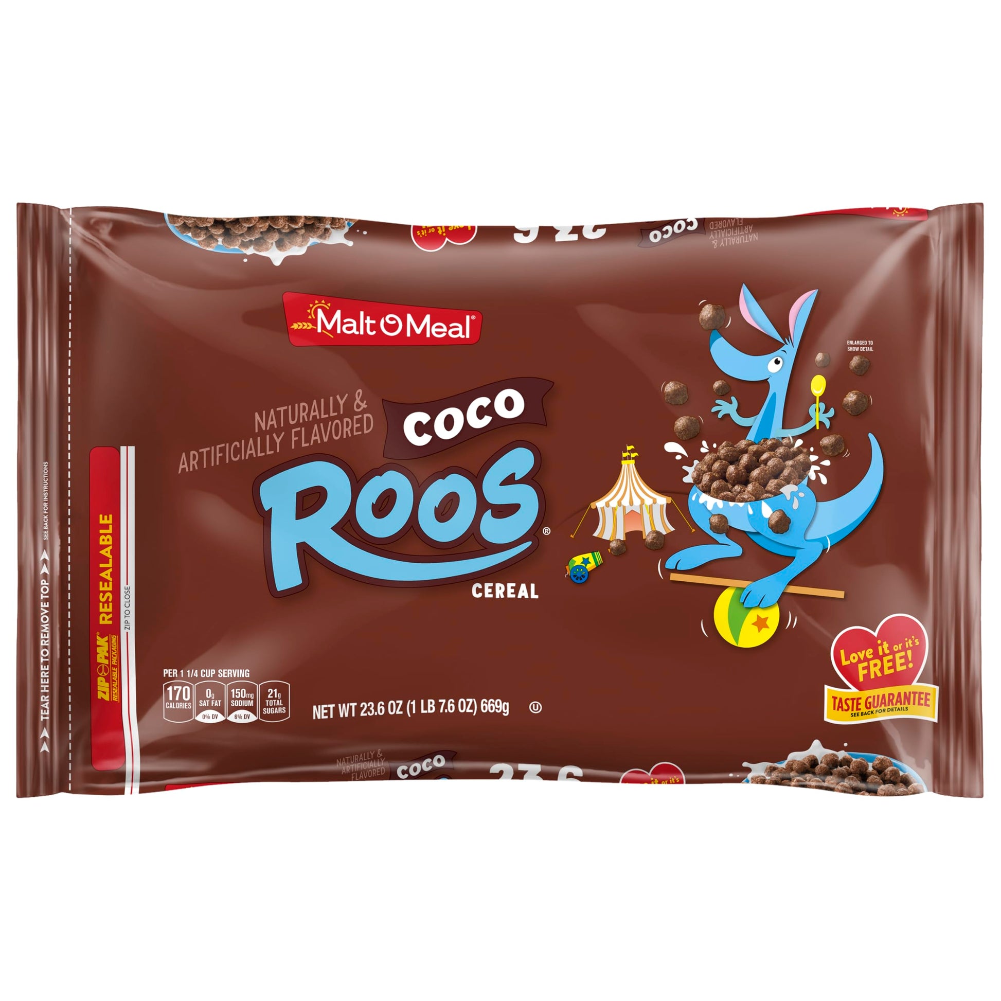 Malt-O-Meal Coco Roos Breakfast Cereal, Crunchy Chocolate Puff Cereal, Large Cereal for Family, 23.6 OZ Resealable Cereal Bag