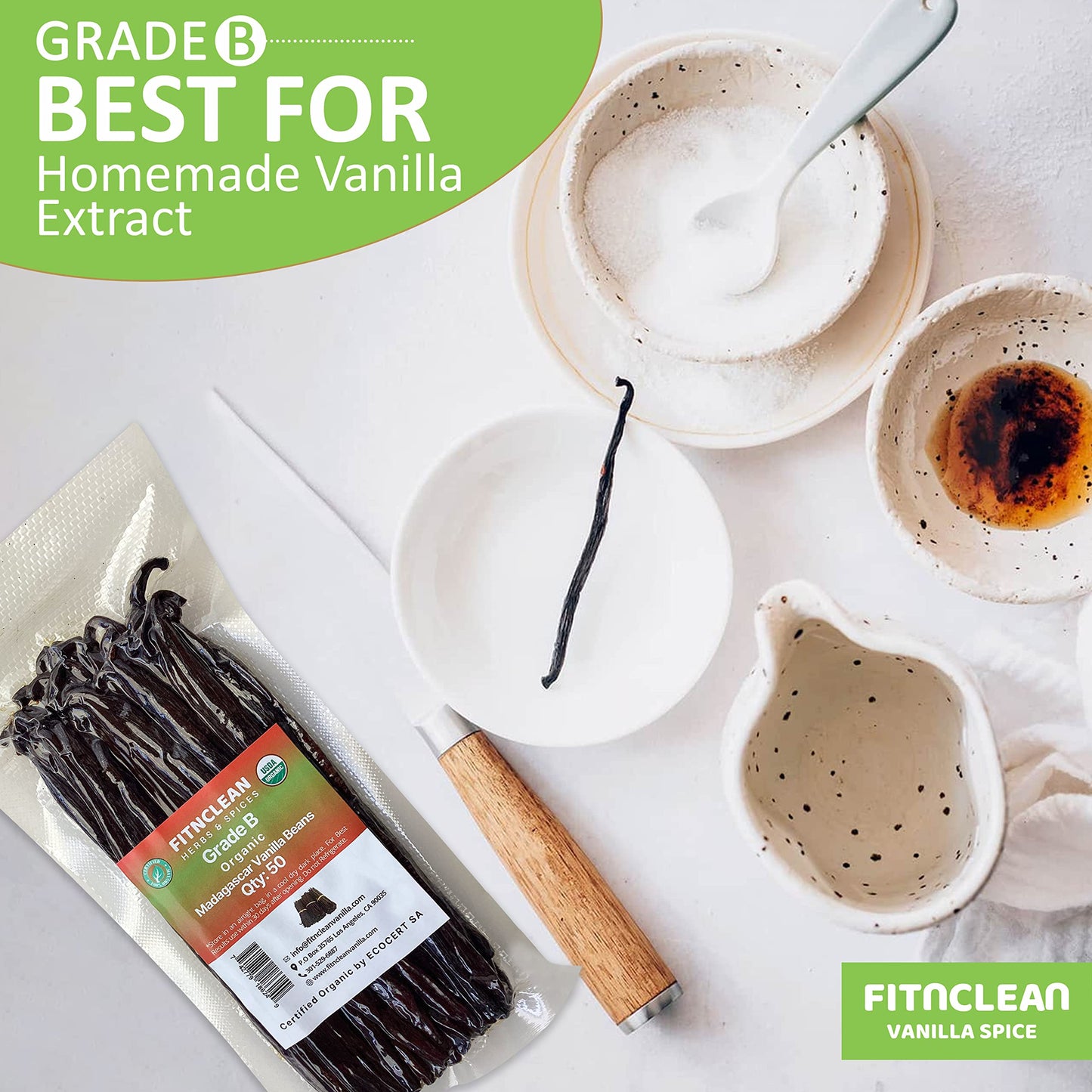 FITNCLEAN Organic Vanilla Beans Grade B, 50 Count, 5-7, Non-GMO spirit-inspired flavor Pods for Extract, Cooking, and Baking