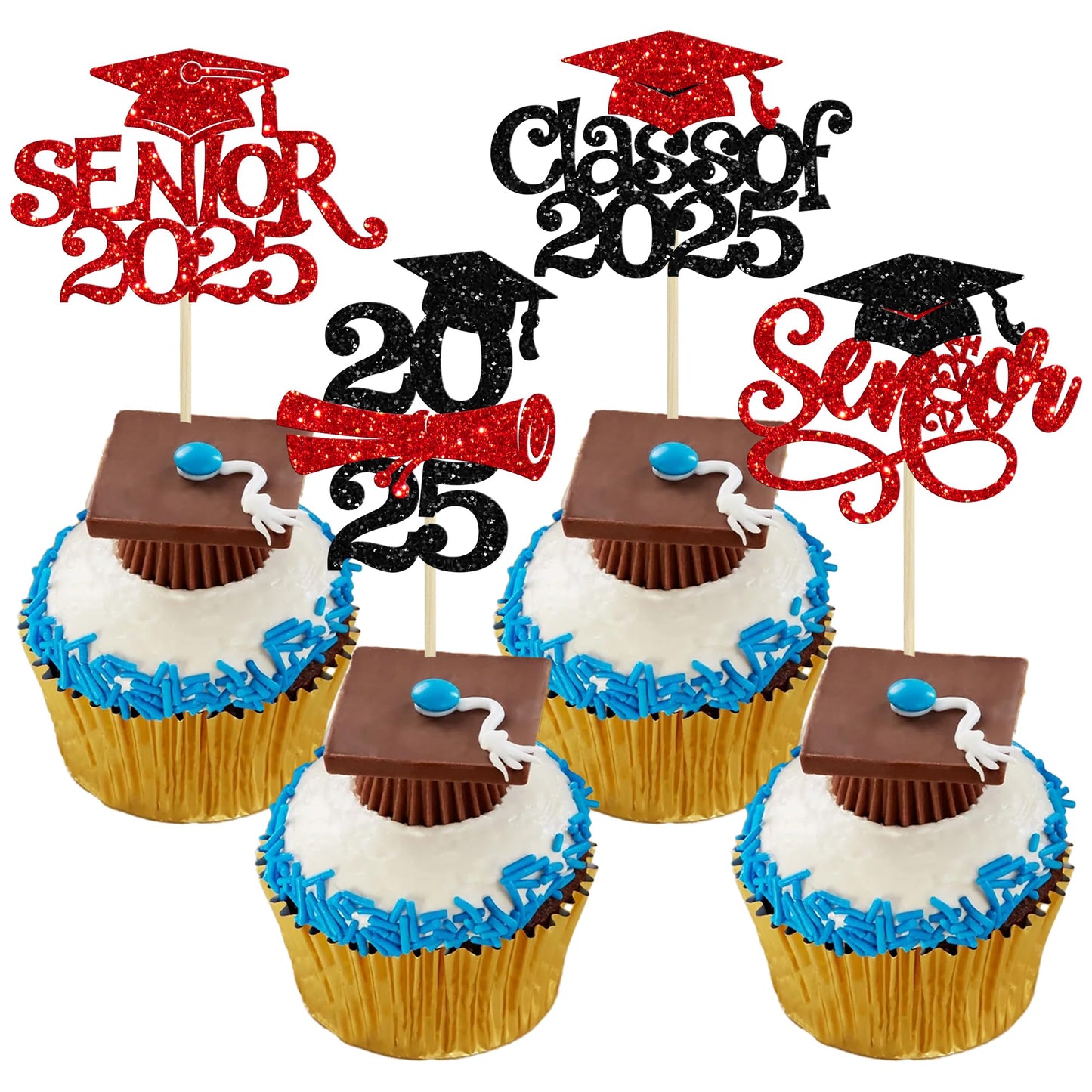 Gyufise Graduation Cupcake Toppers, 24Pcs Glitter Picks for Class of 2025, Red Paper Decorations