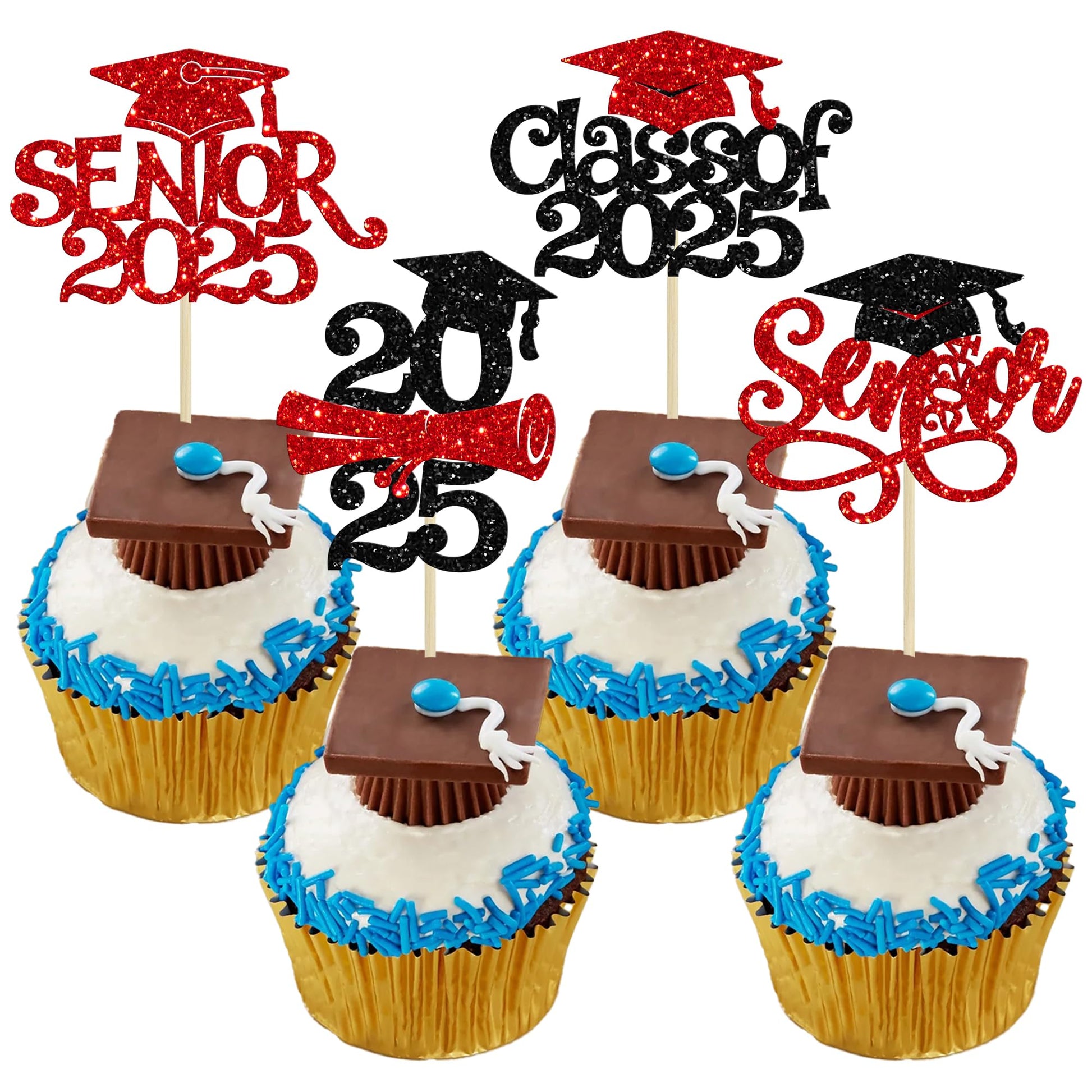 Gyufise Graduation Cupcake Toppers, 24Pcs Glitter Picks for Class of 2025, Red Paper Decorations