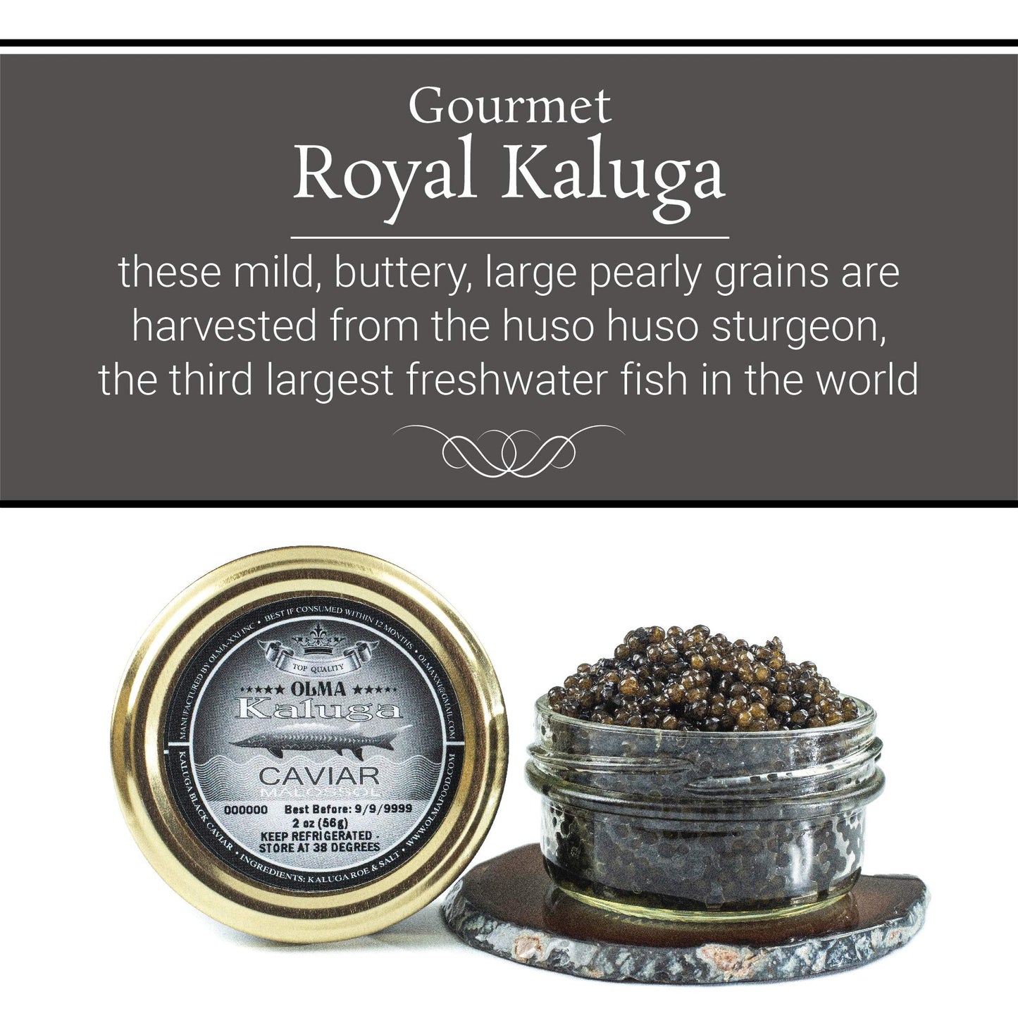 Overnight Guaranteed - Olma Kaluga Sturgeon Black Caviar- Large Pearly Grains, Smooth Flavor, Superior Grade- 2 Oz/56 G