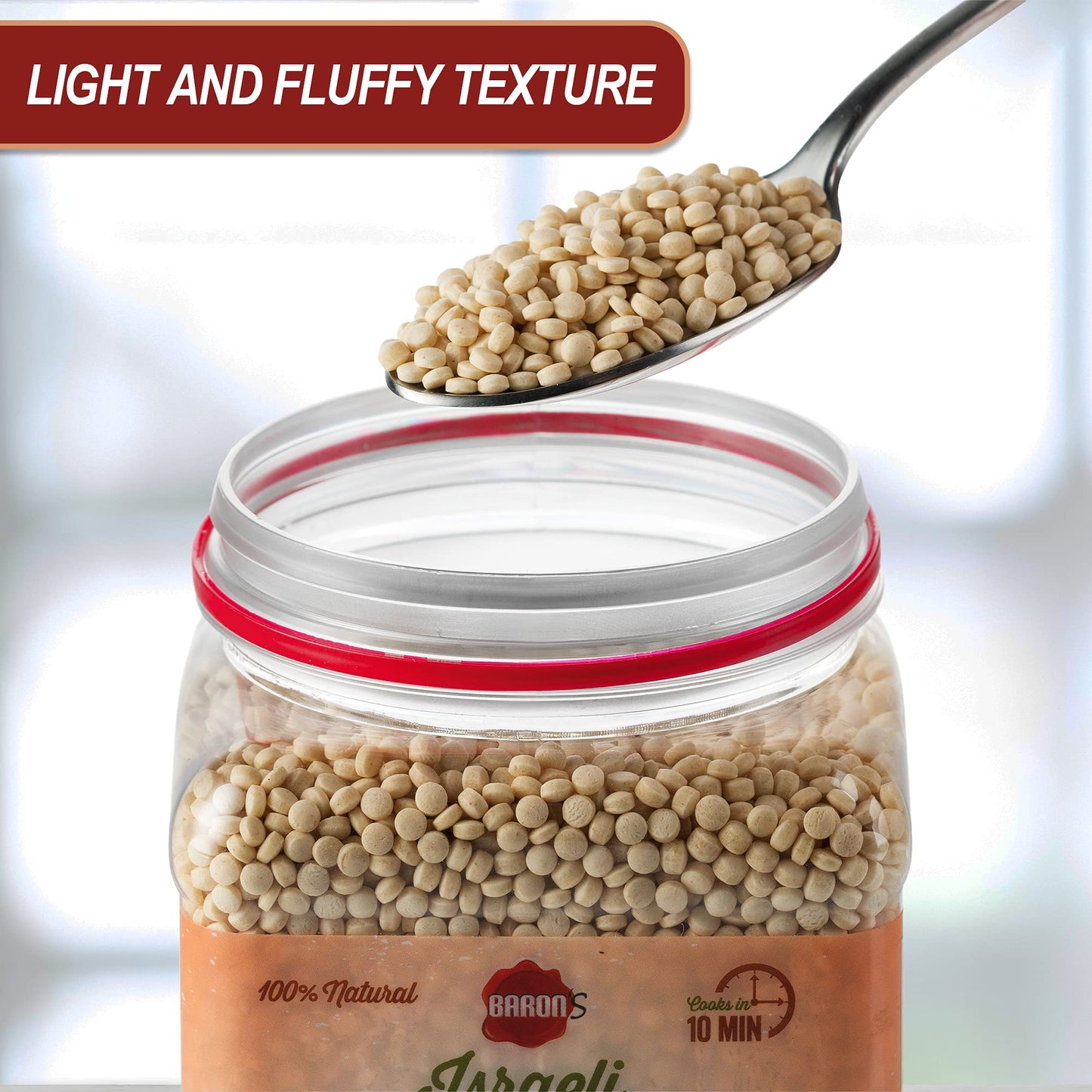 Barons Original Israeli Couscous Toasted Pasta | 100% Natural Pearled Noodles | 21.16oz Jar | Cooks in 10 Minutes | Kosher