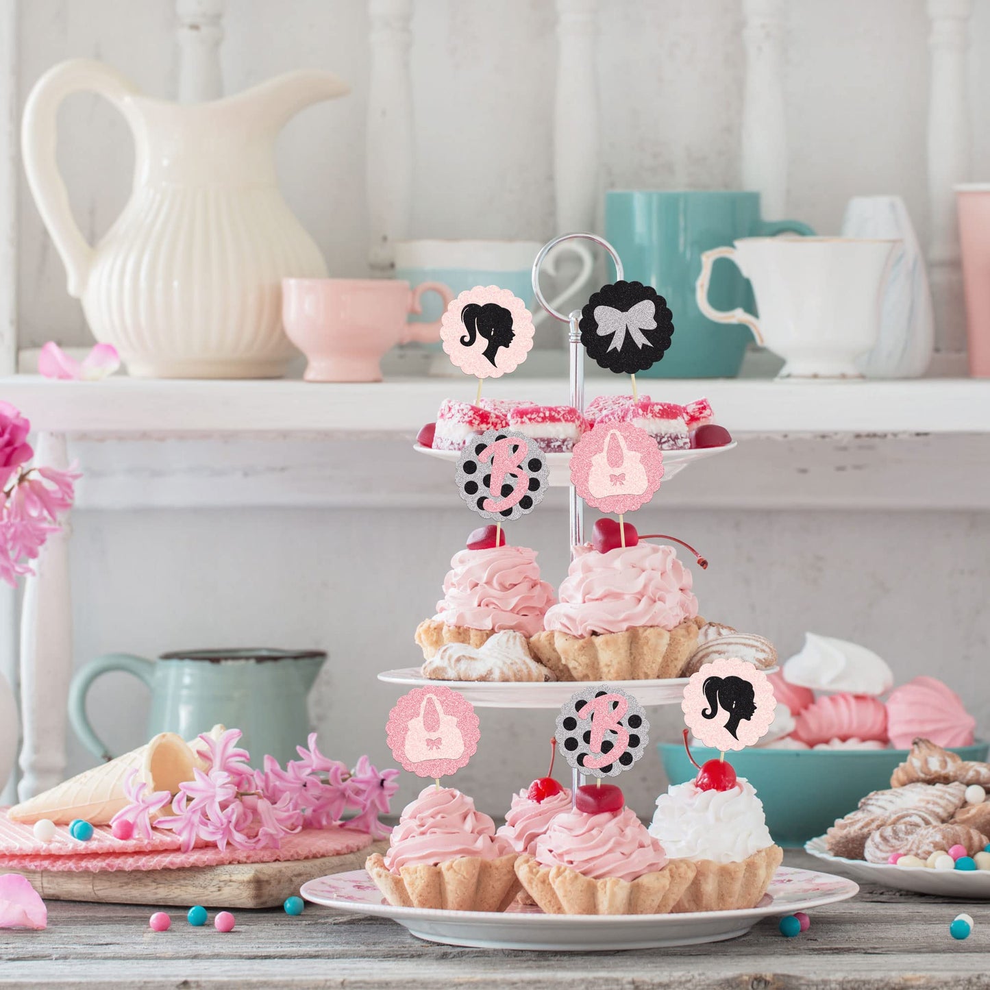 Gyufise 24Pcs Girl Cupcake Toppers Girl Bowknot Polka Dot Bag Cake Decorations Girl Toothpicks For Wedding Bridal Shower Decorat