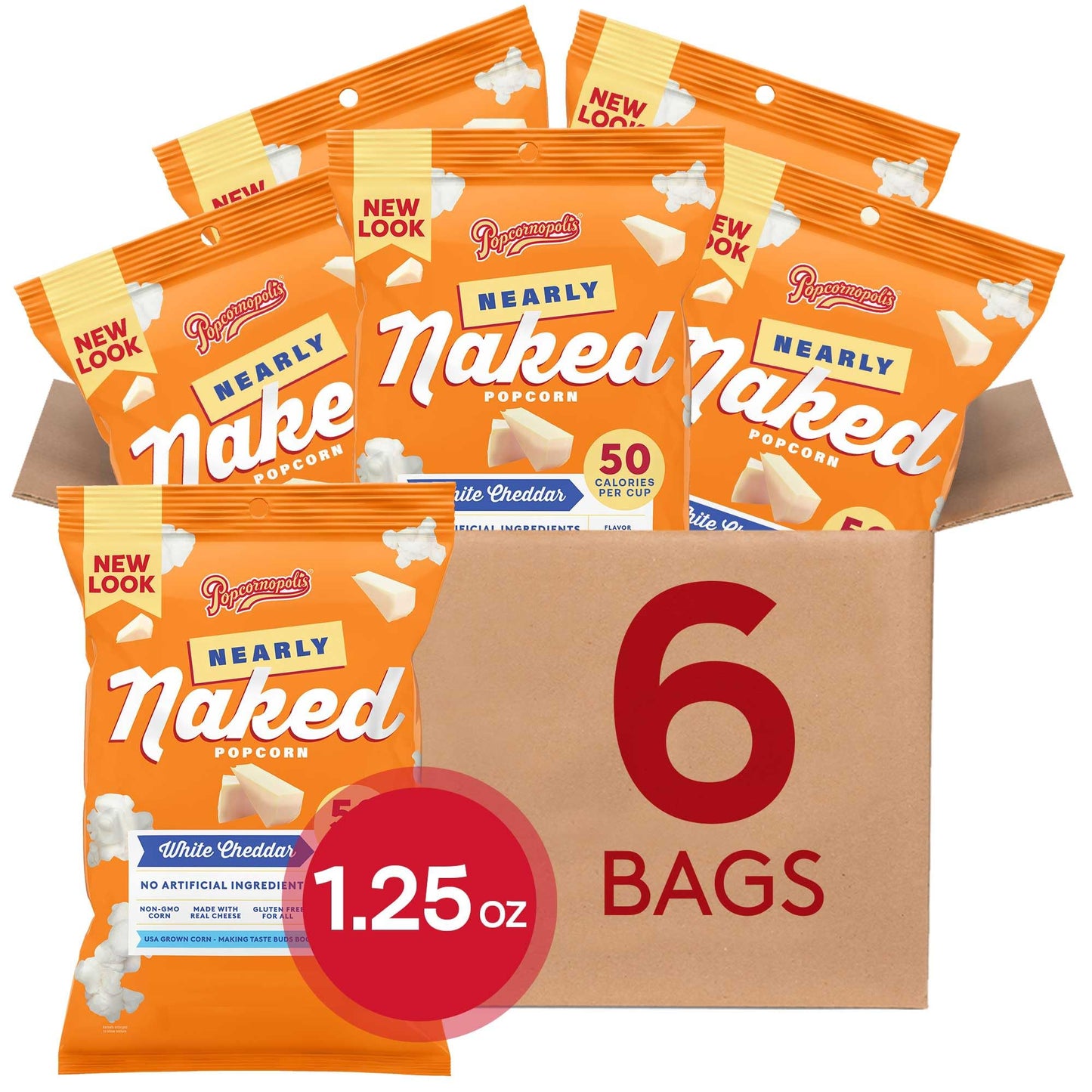 Popcornopolis Nearly Naked 6 ct, 1.25 oz Case, White Cheddar Flavored Better-For-You Popcorn