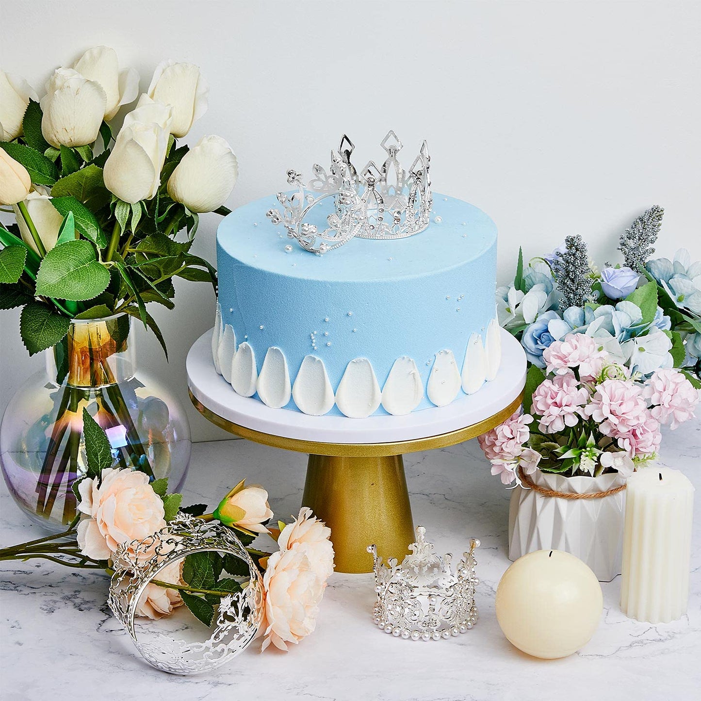 4 Pieces Silver Crown Cake Topper Birthday Mini Flower Bouquet Crown Cupcake Toppers Crystal Pearl Tiara Wedding Crown Cake Top