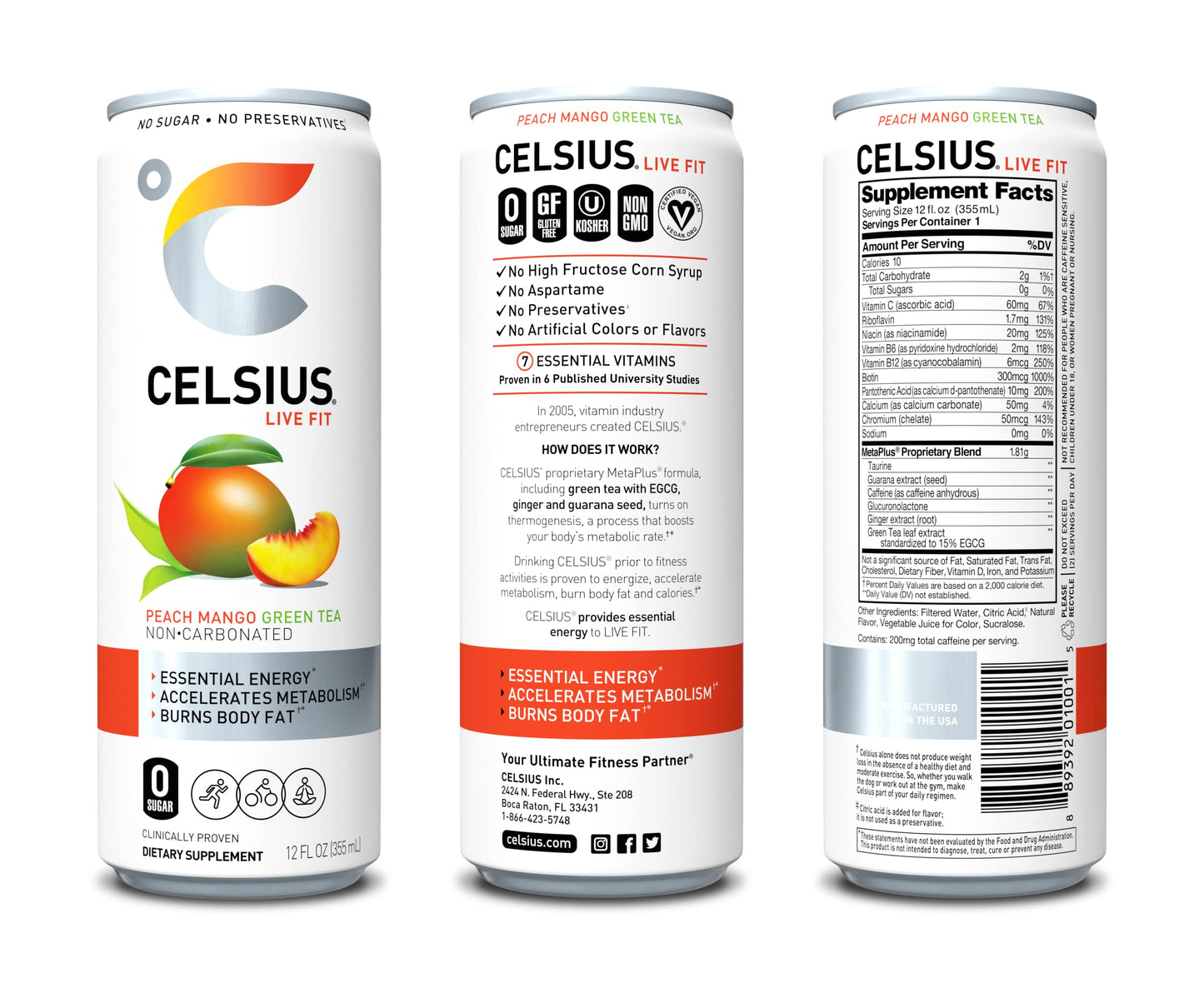 CELSIUS Fizz Free Peach Mango Green Tea  Sugar Free Energy Drink  12 Fl Oz (Pack of 4)