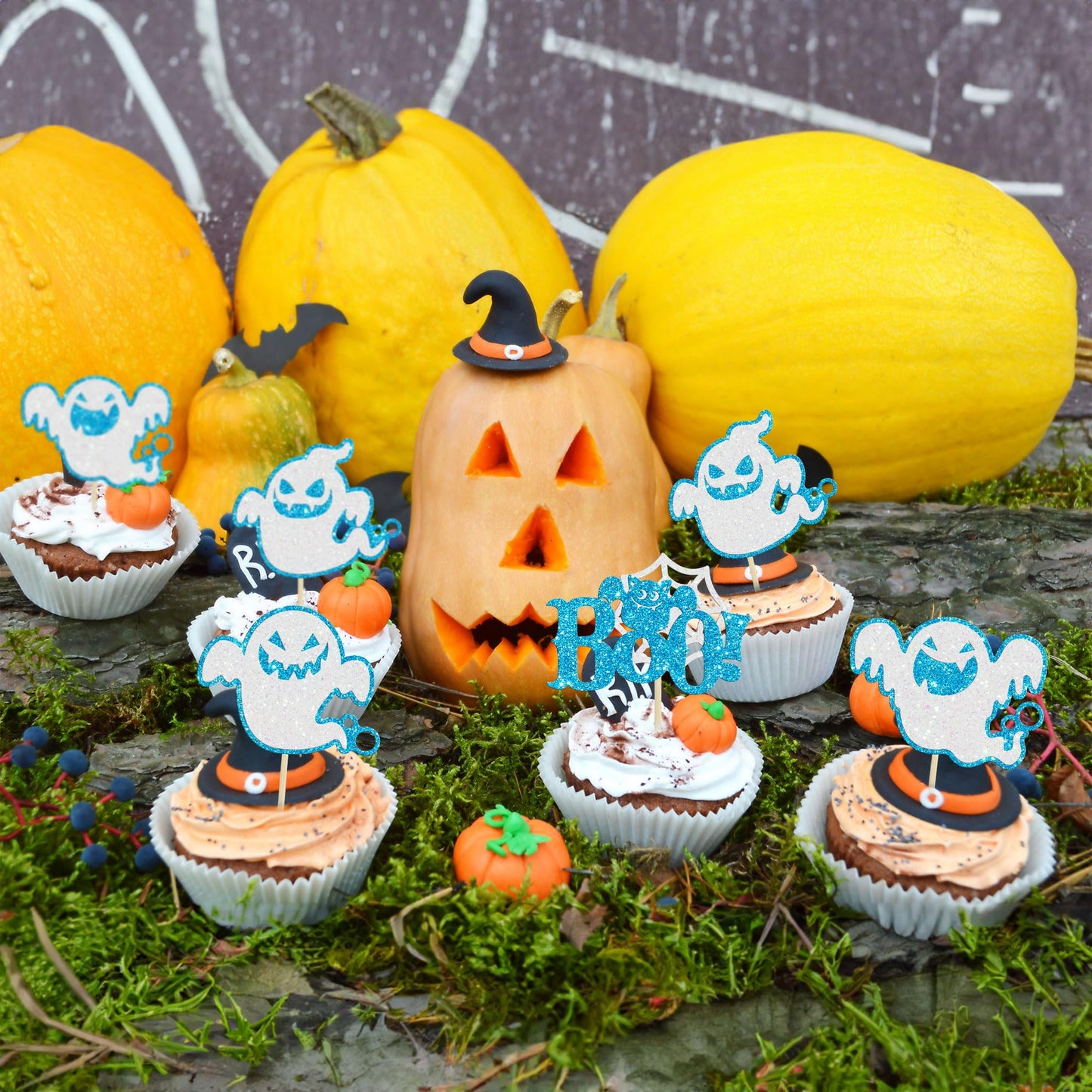 24Pcs Halloween Ghost Cupcake Toppers Blue Glitter Halloween Boo Cake Decorations Halloween Baby Shower Cake Picks For Halloween