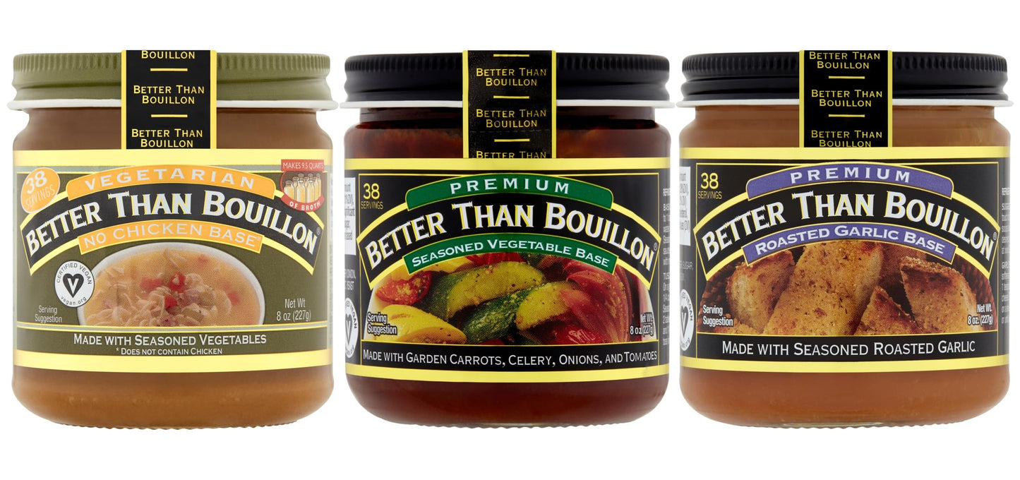 Better Than Bouillon Brand Vegeterian Varirty Pack with 1 No Chicken Base, 1 Roasted Vegetable Base and 1 Garlic Base, 8 Ounce J