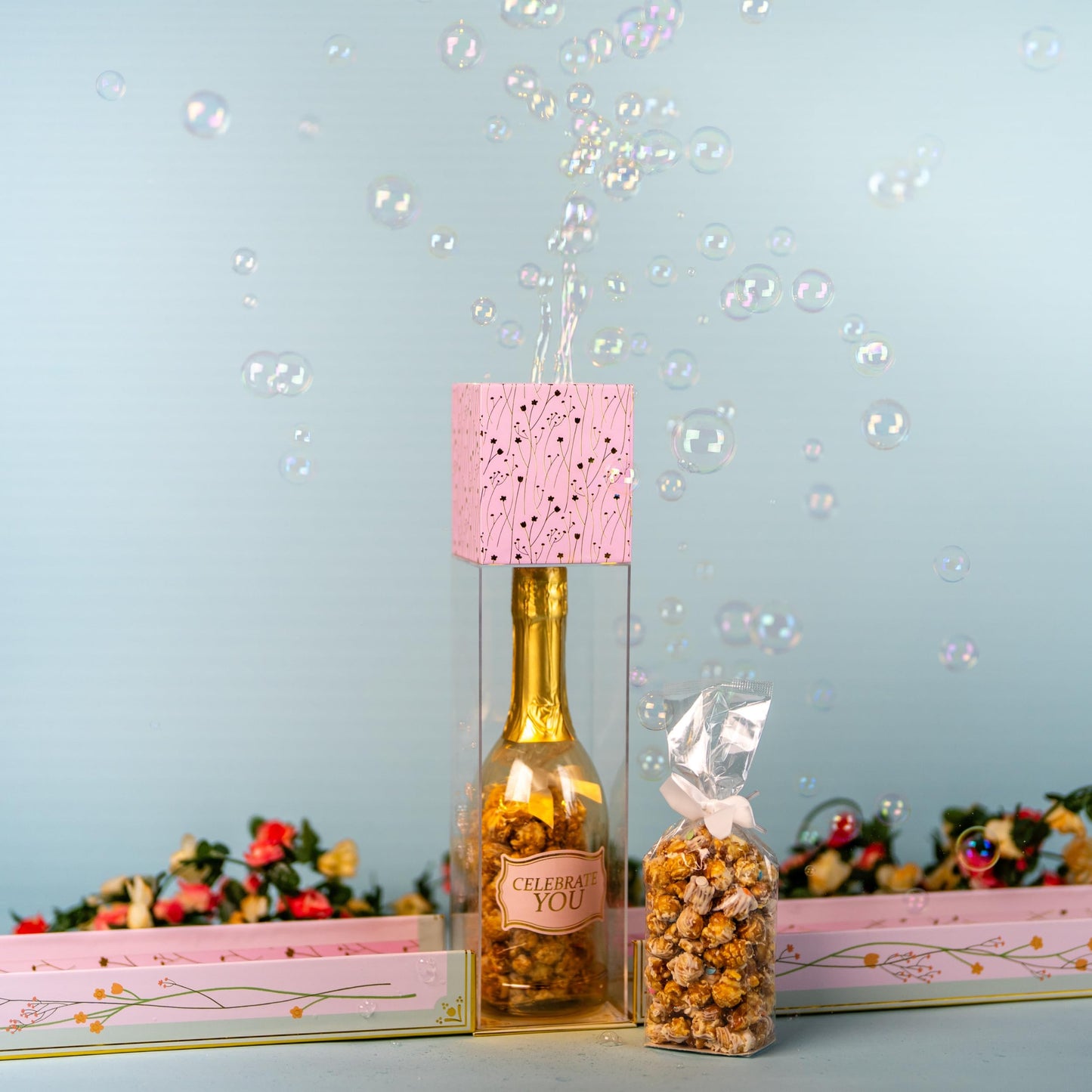 Birthday Floral Bubble Box With Caramel White Chocolate Popcorn By Send A Cake, Ready To Gift, No Assembly Required - Unique Happy Birthday Gift For Women, Men, Sister, Mom, Dad, Best Friend