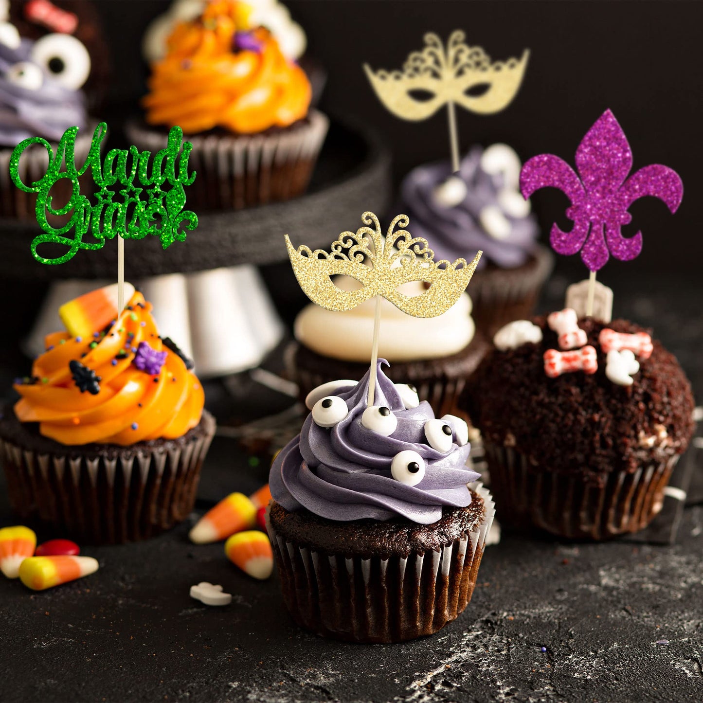 24Pcs Mardi Gras Cupcake Toppers Glitter Masquerade Cake Picks Mardi Gras Party Baby Shower Birthday Party Cake Decorations Supp
