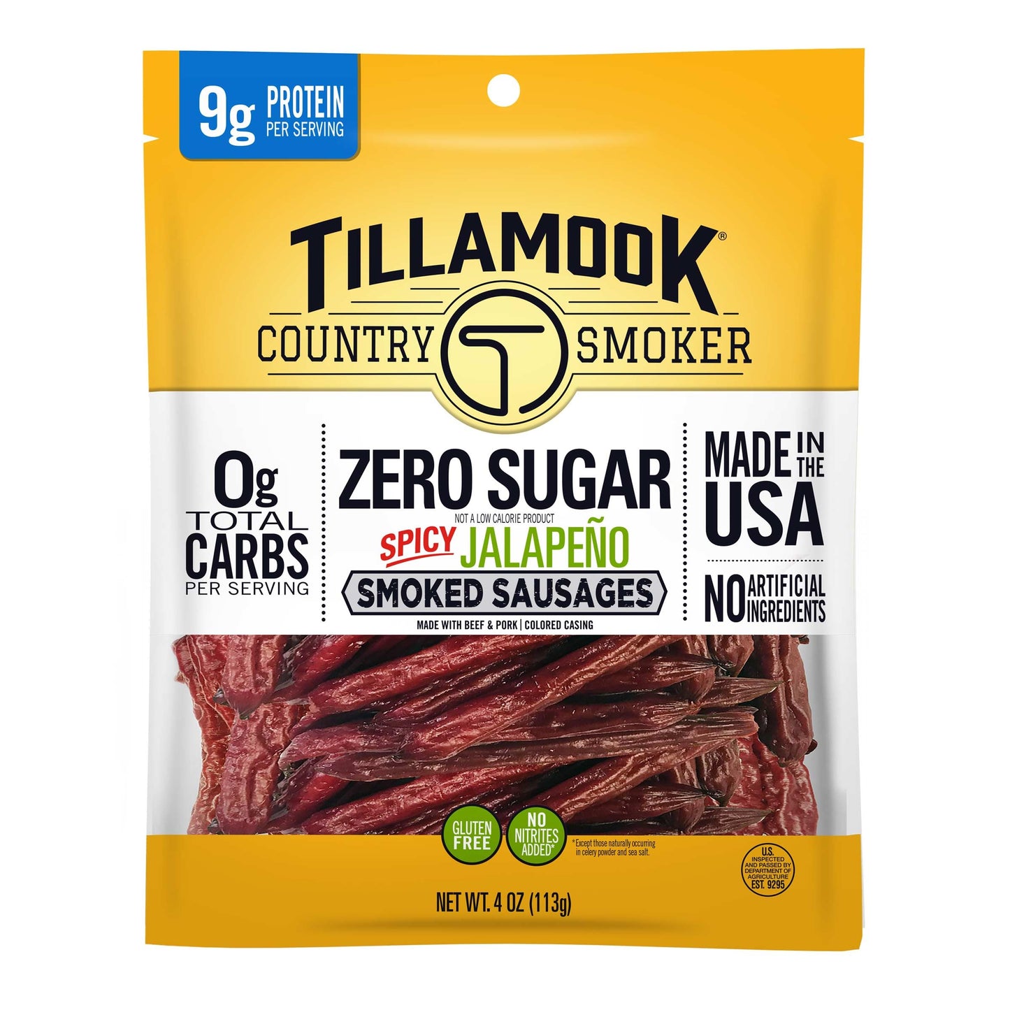 TILLAMOOK COUNTRY SMOKER Smoked Sausage Zero Sugar Spicy Jalapeño 4 Ounce Ready to Eat Keto Snack