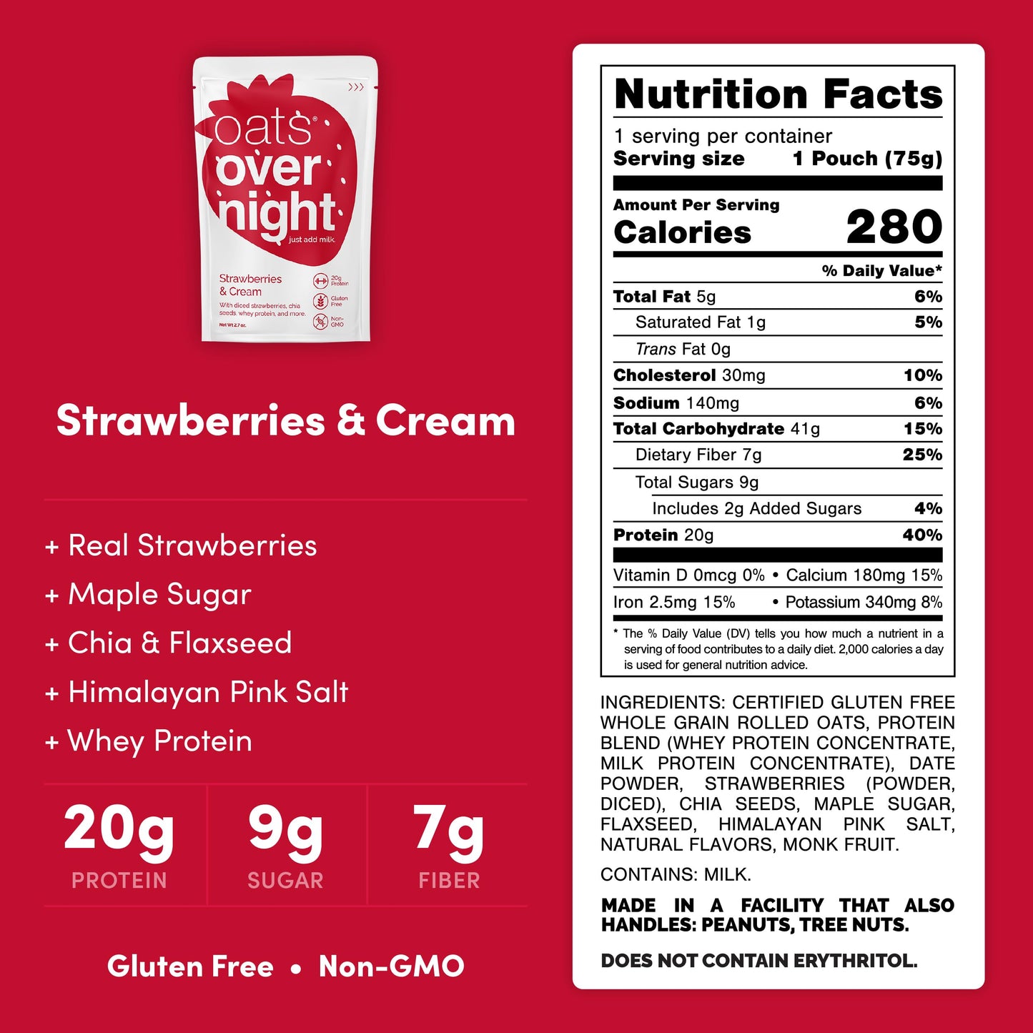 Oats Overnight Breakfast Shake - Strawberries & Cream - 20g Protein, High Fiber, Gluten Free - 2.7 oz (Pack of 24)