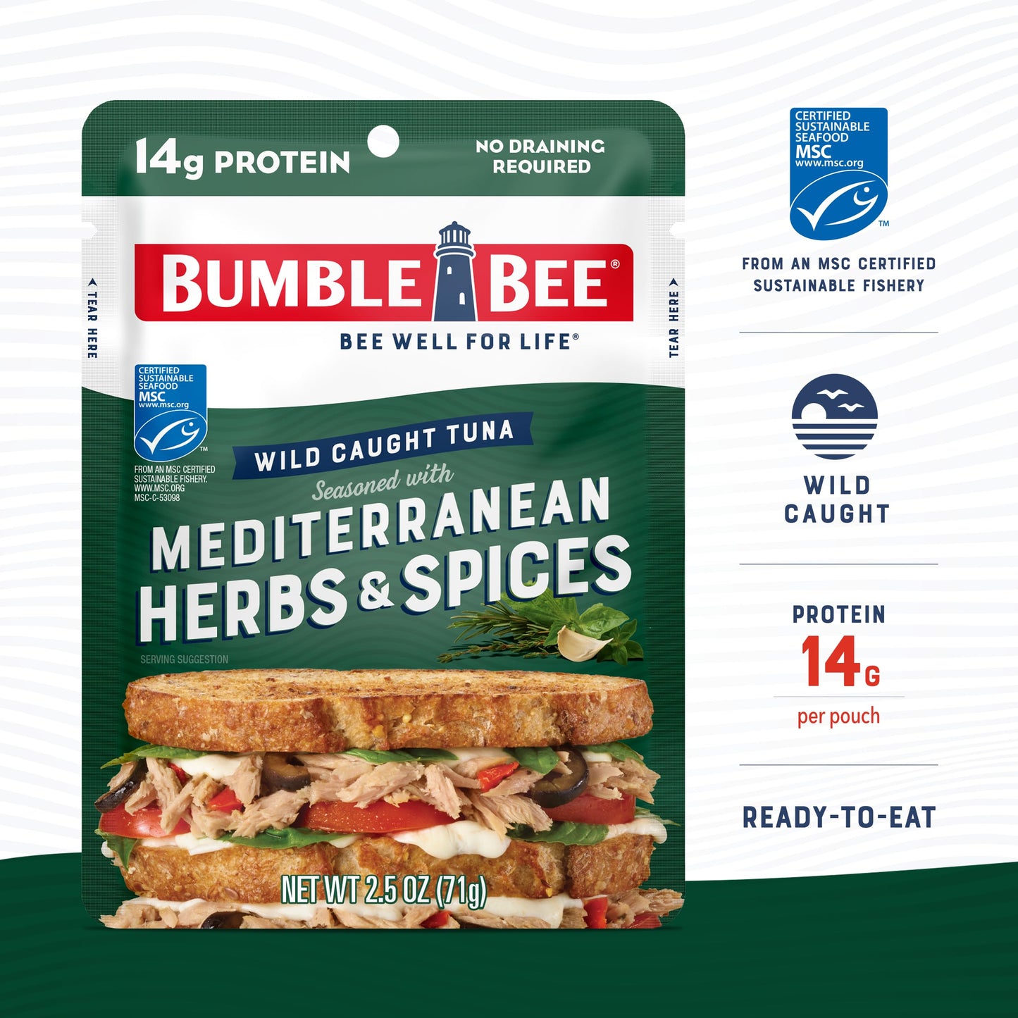 Bumble Bee Mediterranean Herbs & Spices Tuna, 2.5 Oz Pouches (Pack Of 12) - Ready To Eat - Wild Caught - 16G Protein Per Serving - No Draining Required