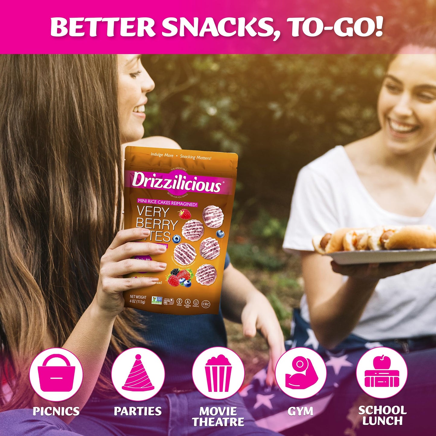 Drizzilicious Mini Rice Cakes Very Berry, Vegan, Gluten Free, 4 oz Pack