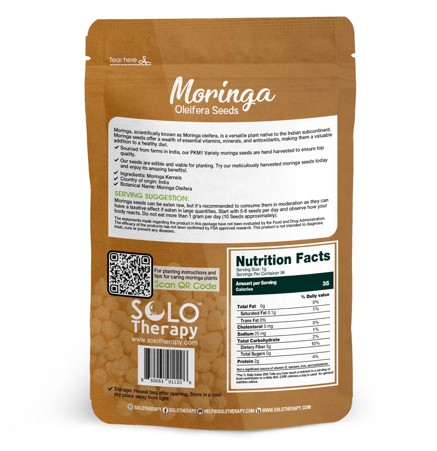 Solo Therapy Moringa Seeds KERNEL Shelled Clean Edible 56g Premium Quality Resealable Bag