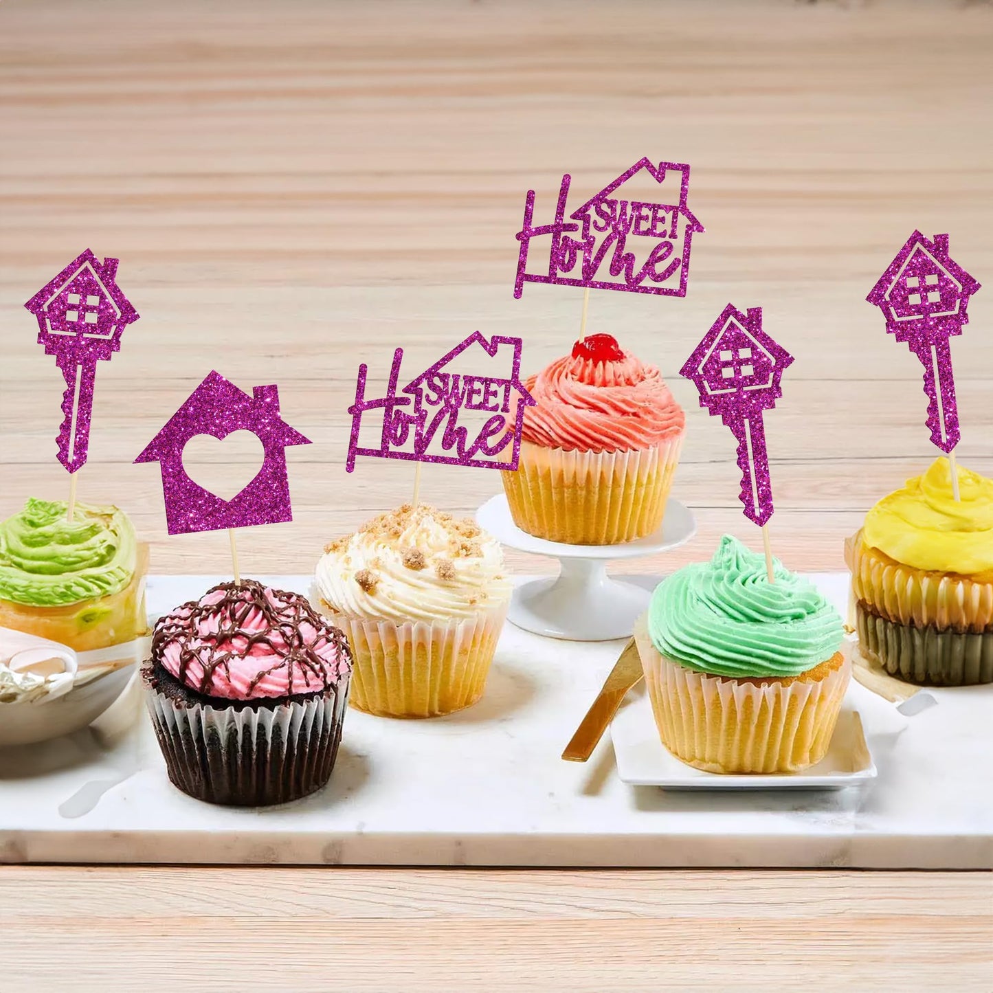 Gyufise Cupcake Toppers 24 Pack - Sweet Home Decorations, Purple, Paper Picks for Housewarming Party