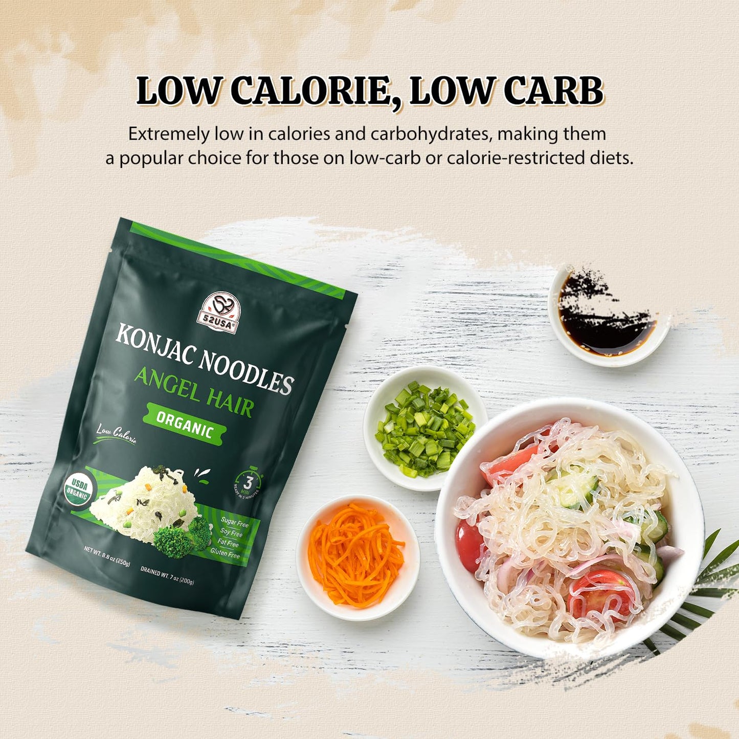 52USA Organic Konjac Shirataki Noodles, Low Carb Pasta, 64 Oz, Vegan, Keto Friendly, 3 Varieties in 6 Pack