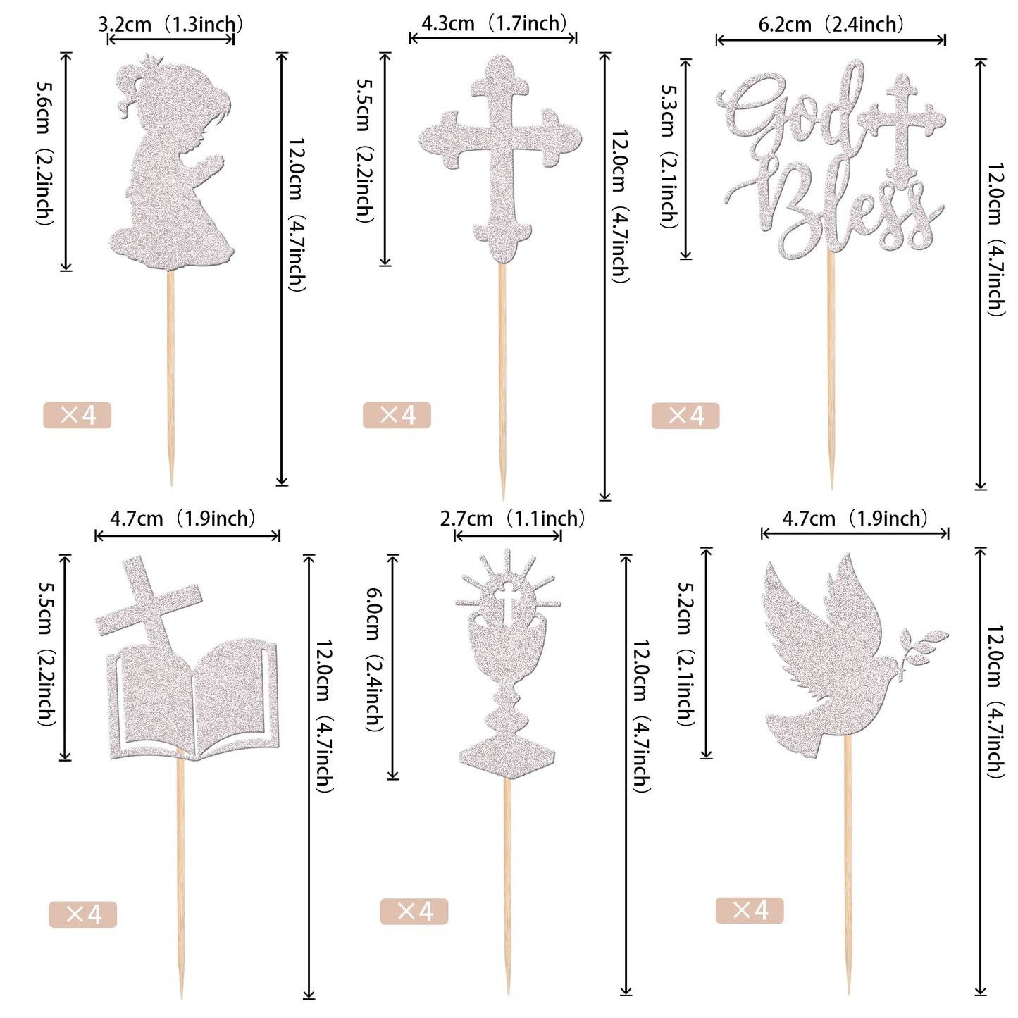 ZHUOWEISM 24 PCS Cupcake Toppers Glitter Dove Cross First Communion Decorations Small Silver