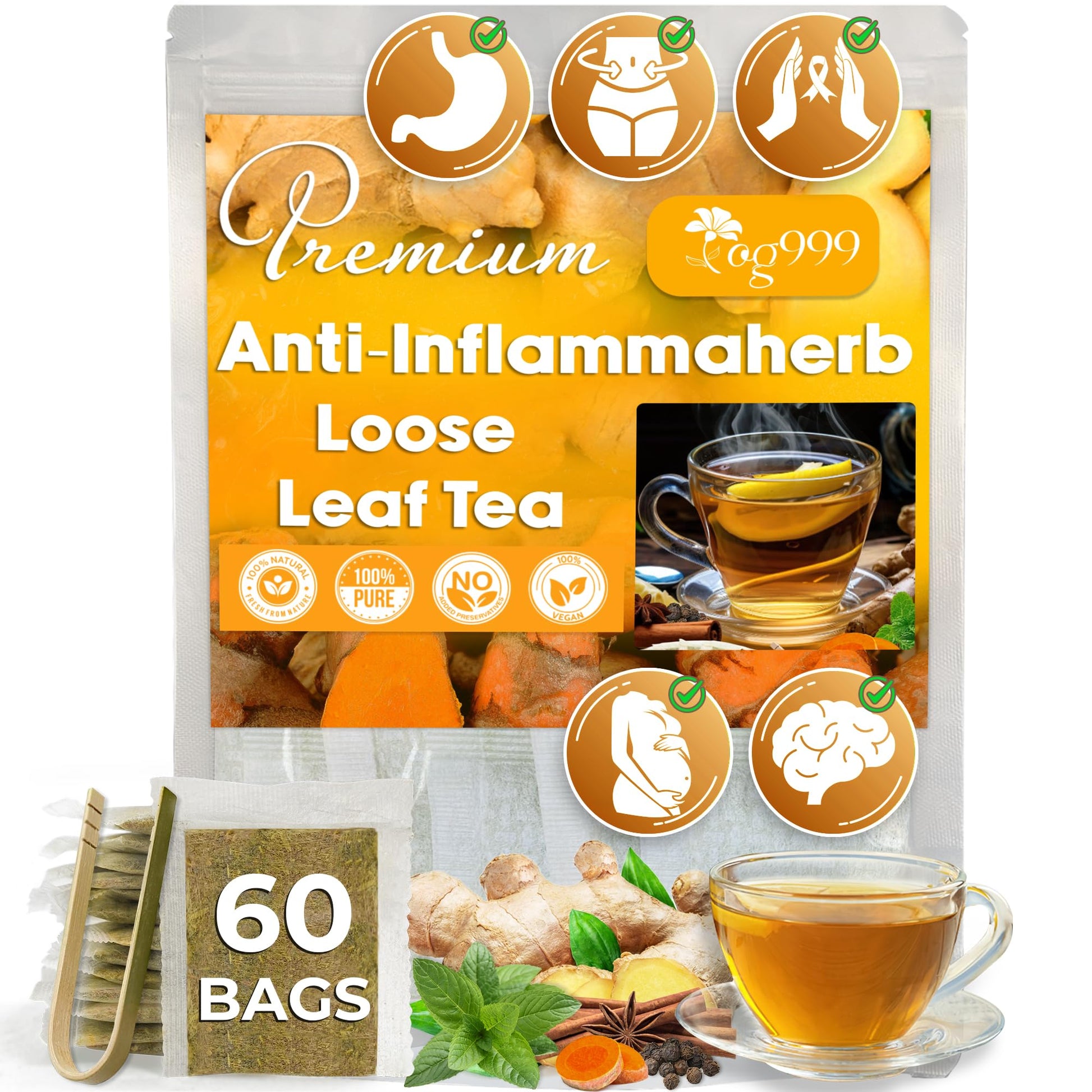 TOG999 Loose Leaf Tea Bags - 100% Natural Ginger, Turmeric, Peppermint, Vegan - 60 Bags
