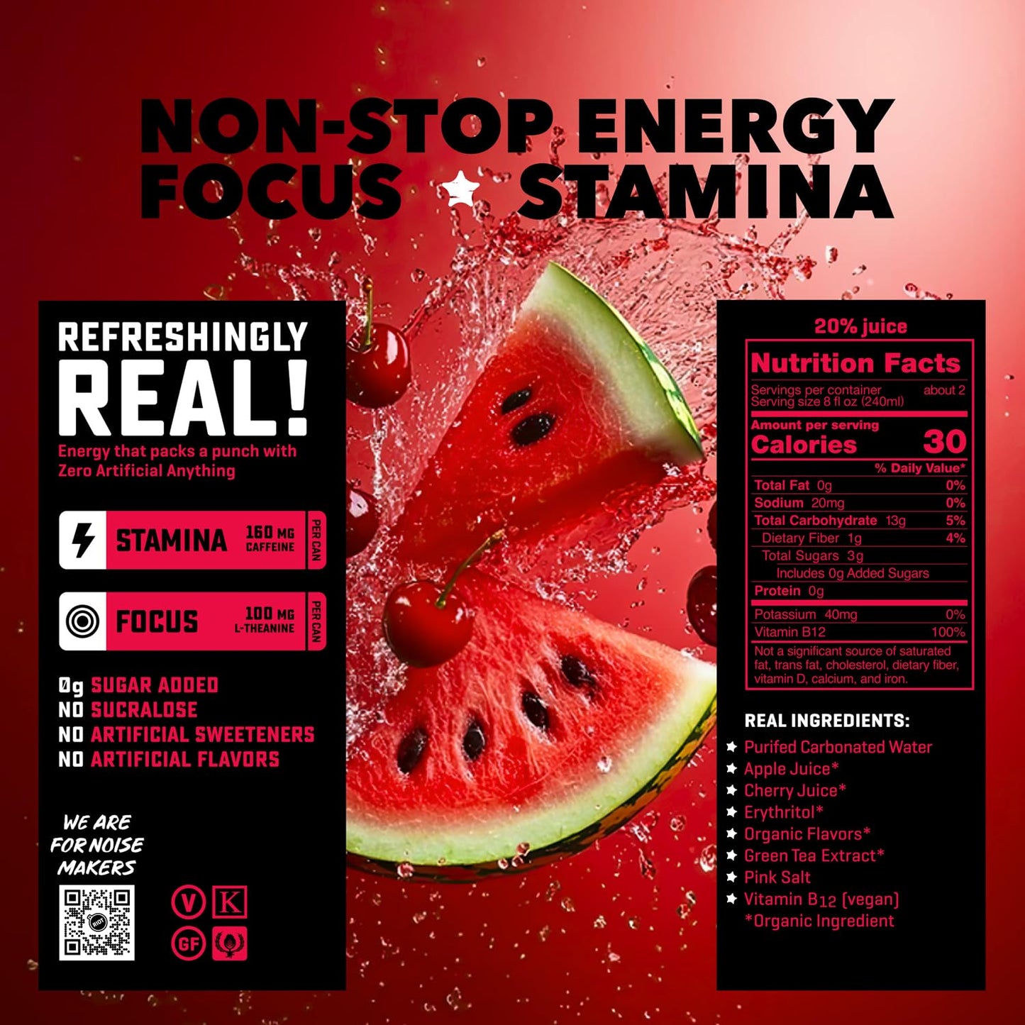 RIOT Energy Clean Energy Drink, Cherry Watermelon, Organic, No Sugar Added, 16 fl oz (Pack of 10)