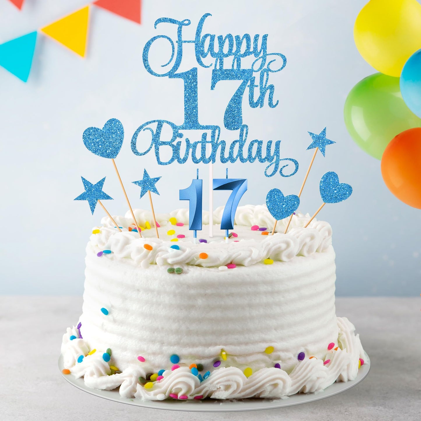 Lecferrarc 17th Birthday Cake Decorations Set, Blue Glitter Cake Toppers and Candles