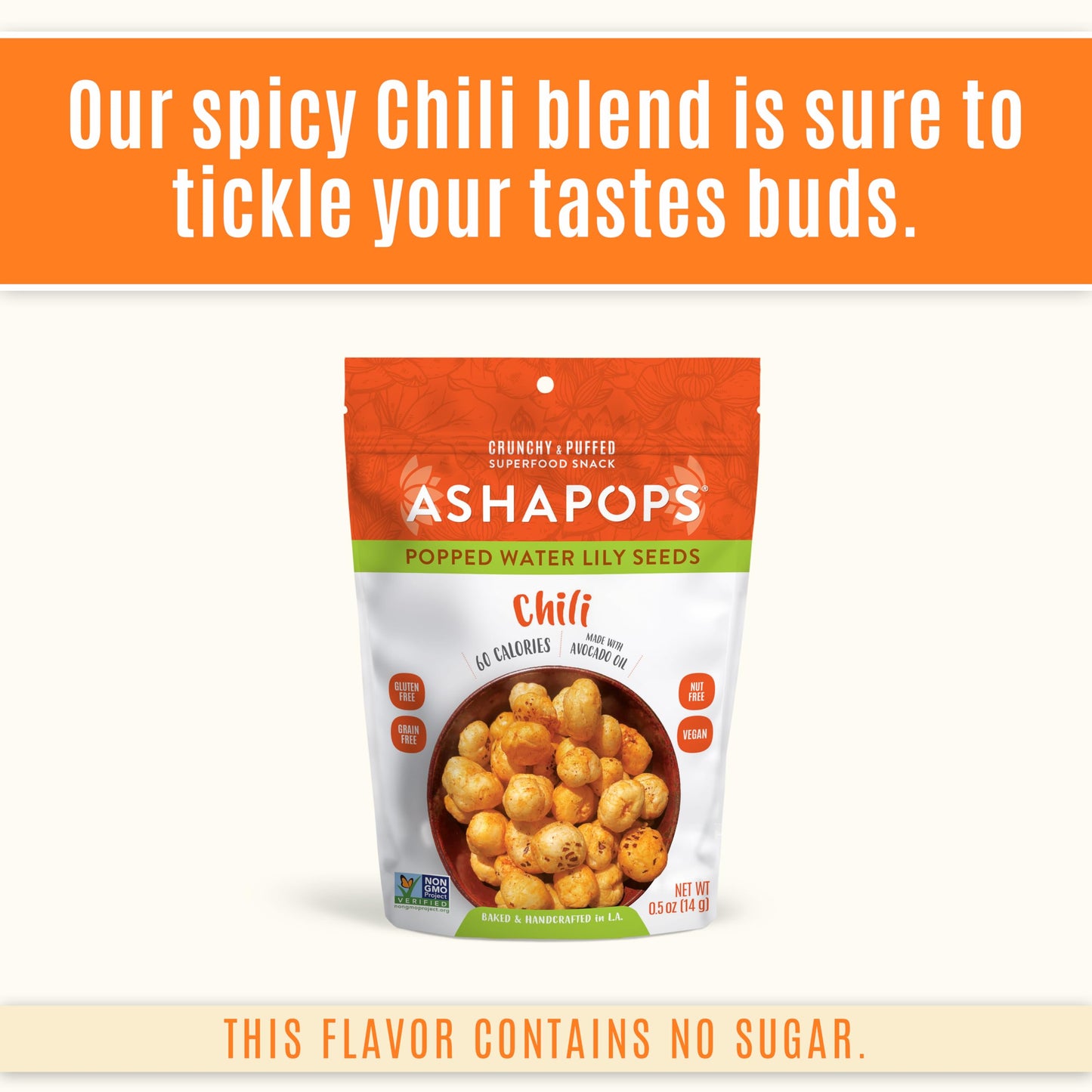 AshaPops Chili Flavored Popped Water Lily Seeds, 0.5 oz (Pack of 12) - Gluten-Free, Vegan, Paleo, Nut-Free, Corn-Free, Soy-Free,