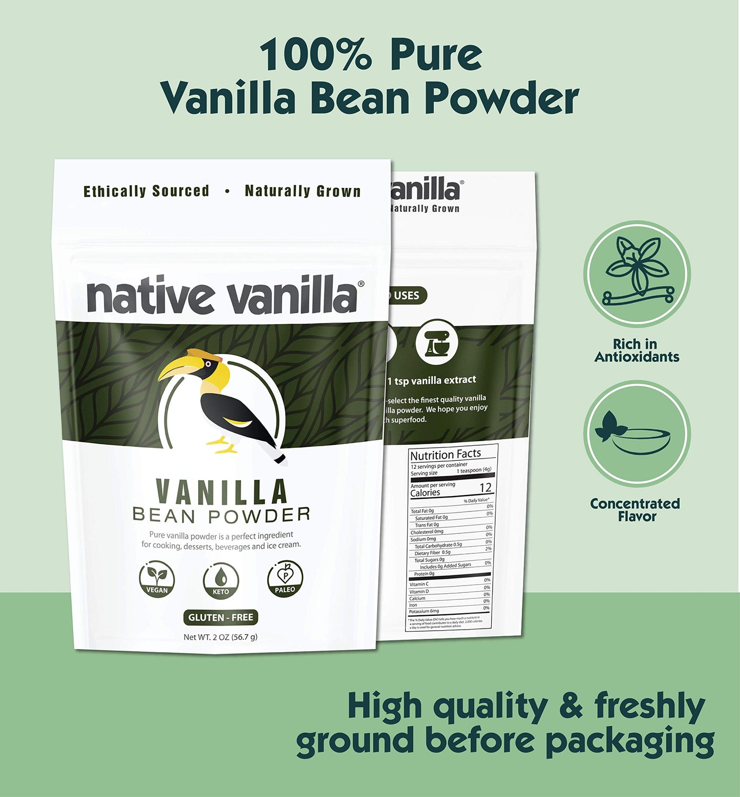 Native Vanilla Vanilla Bean Powder - 100% Pure Tahitian - 1 lb - Raw, Unsweetened, No Fillers - Ideal for Cooking, Baking, and Smoothies