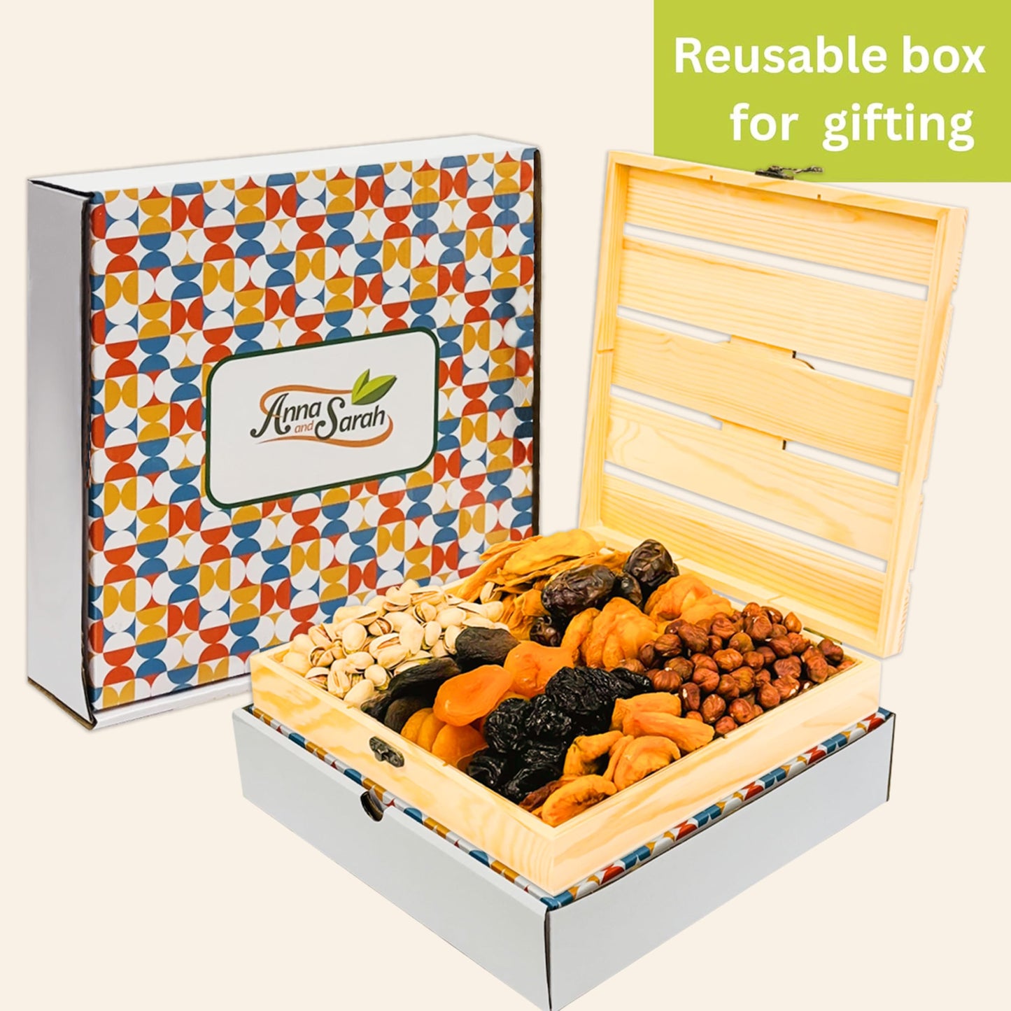 Anna And Sarah Gourmet Dried Fruit & Nuts In Wooden Gift Box Includes Strip Mango-Fancy Dates-Pear-Peach- Apricot-Dried Prune-Apricot-Oregon Hazelnut And California Pistachios Kosher-Halal For Christmas-Holiday For Mom-Dad-Boy-Girl Everyone