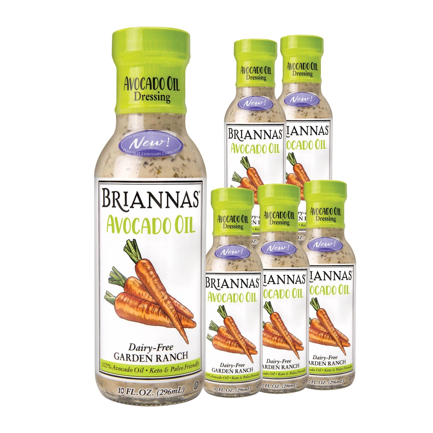 BRIANNAS Avocado Oil Garden Ranch Dressing, Dairy-Free, No Sugar, Keto Friendly, 10 oz Bottles, 6 Pack, Natural