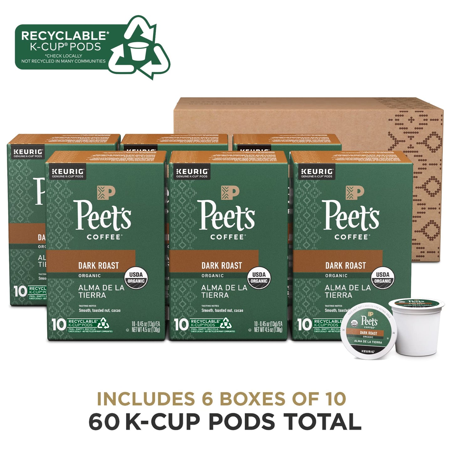 Peet s Coffee, USDA Organic Dark Roast Keurig K-Cup Pods - Alma de la Tierra 60 Count (6 Boxes of 10 Pods)