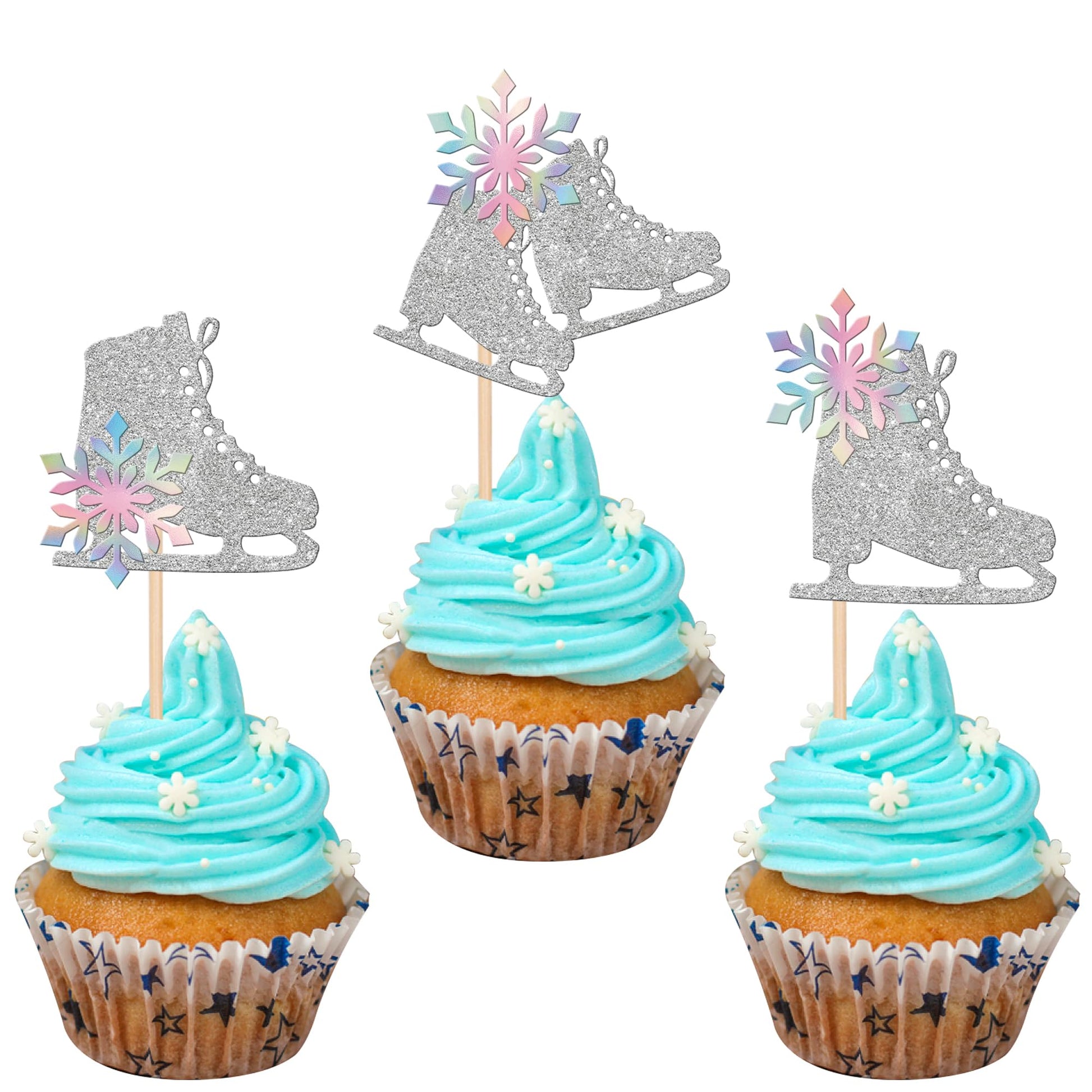 ZHUOWEISM Ice Skating Cupcake Toppers, 24 PCS Glitter Snowflake Picks, 2.2x4.11, Paper, Silver