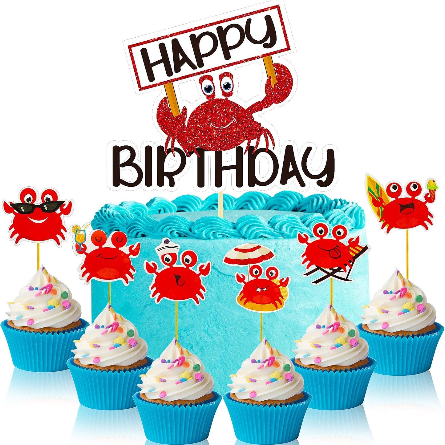 Outus Crab Cake Topper Set, 43 Pieces, Red Ocean Beach Animals Birthday Party Decorations, Model Outus-18393