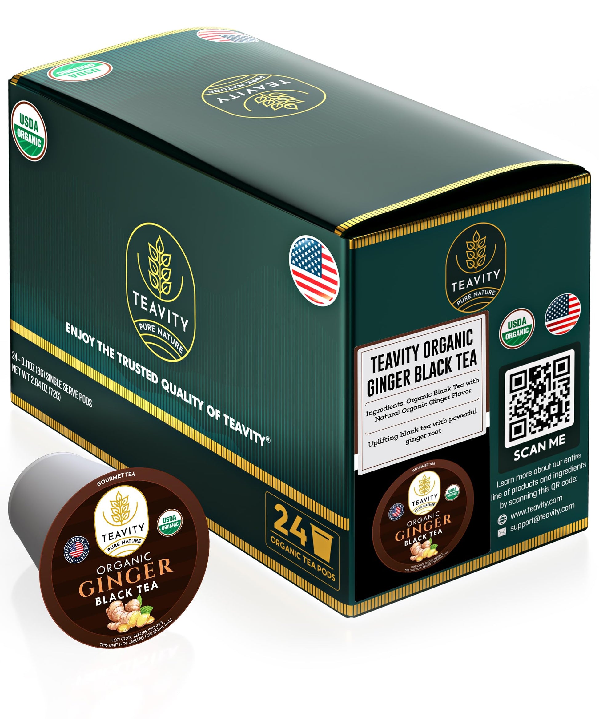 Organic Ginger Tea Pods for Keurig with Unsweet Black Tea for K Cup Brewing - Ginger Black Tea by Teavity (24 Tea Pods)