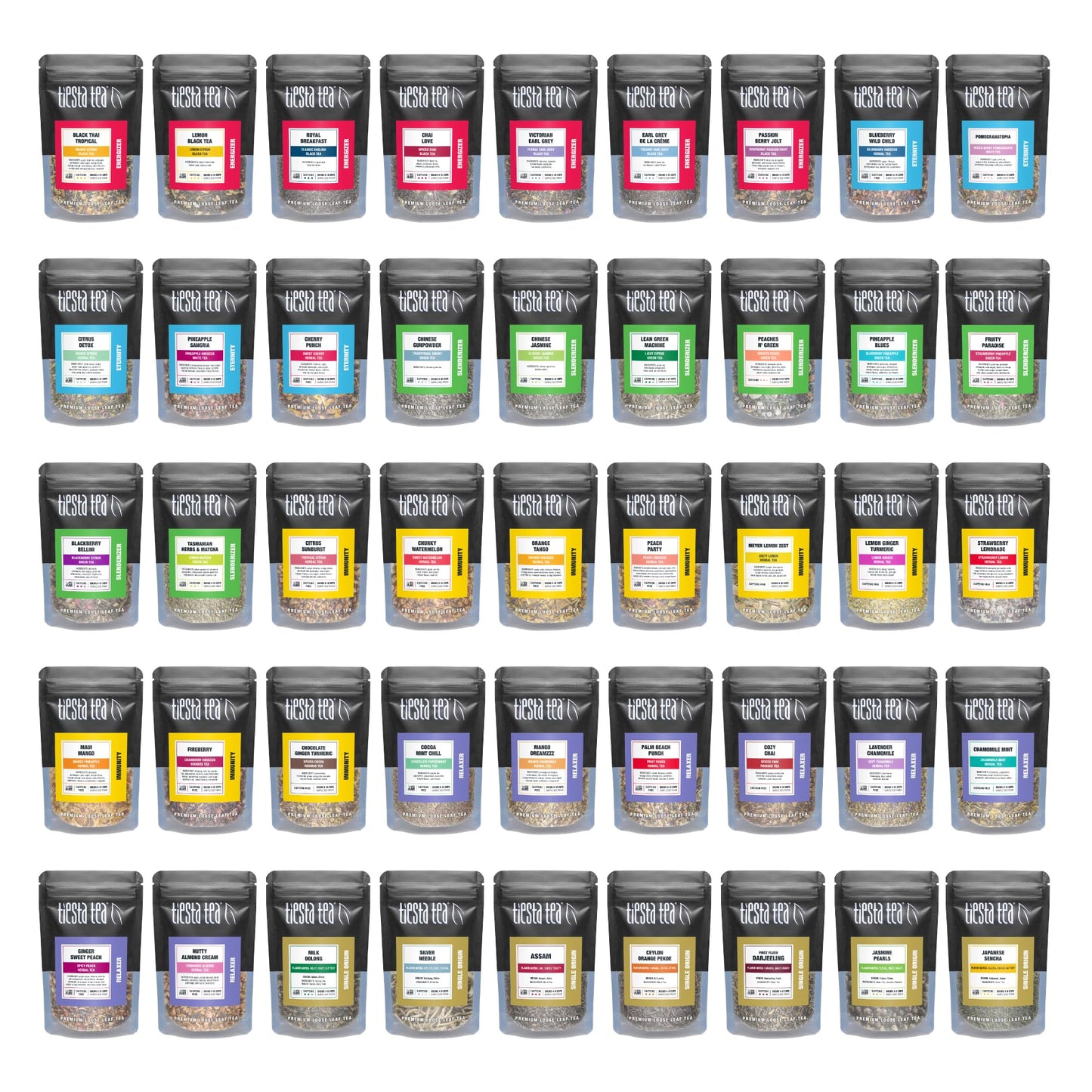 Tiesta Tea Tastings Sampler Set - Assorted Loose Leaf Tea, 45 Resealable Sample Pouches, High to No Caffeine, Hot/Iced Teas