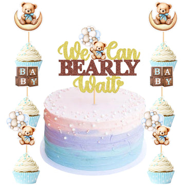 Cyodoos 25 PCS Baby Shower Bear Cupcake Toppers Baby Shower Cake Topper Decorations Supplies Jungle Animal Theme Baby Shower Bir