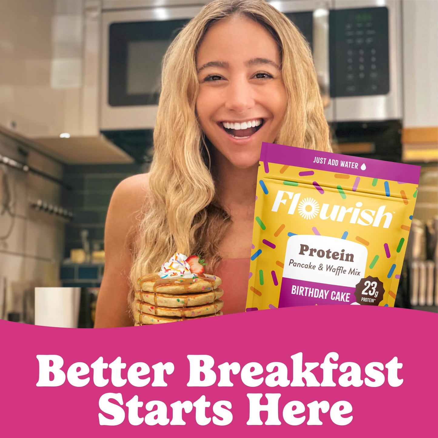 Flourish Protein Pancake & Waffle Mix, Birthday Cake Flavor, 5.06 oz (Pack of 3), High Protein, No Added Sugar, Made in Canada