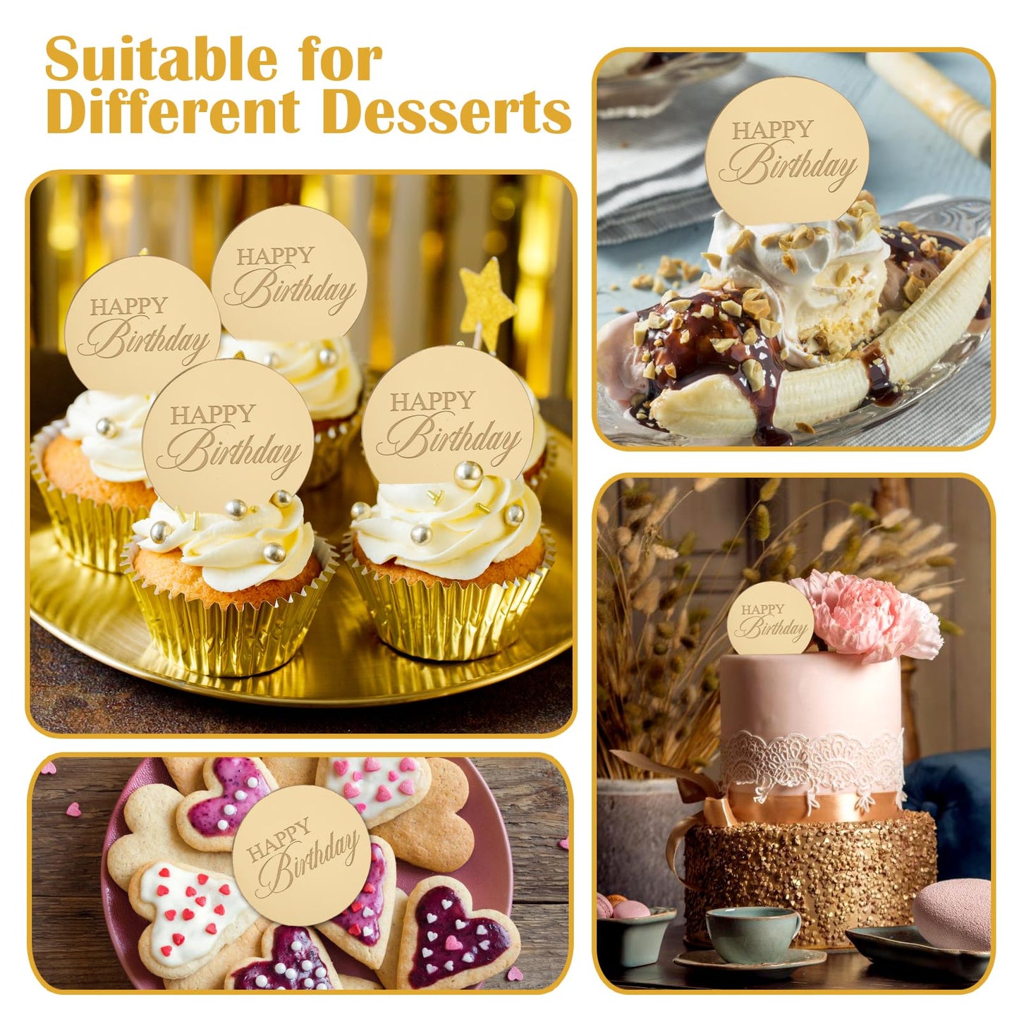 Wolpark Gold Mirror Acrylic Cupcake Toppers, 20pcs, 1.97 inches, Engraved Cake Picks for Birthday Party Decorations