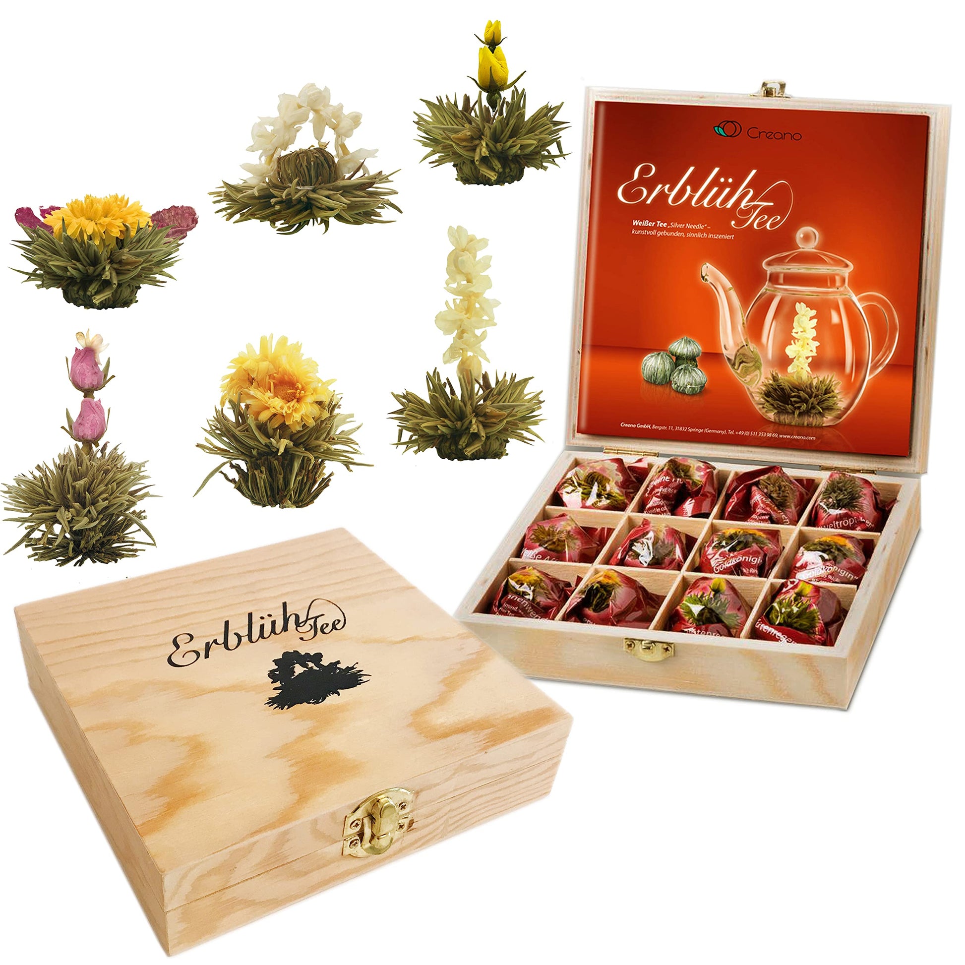 Creano Blooming Tea - Flowering Ball Gift Set In Stylish Wooden Box - 12 Pieces  White Tea