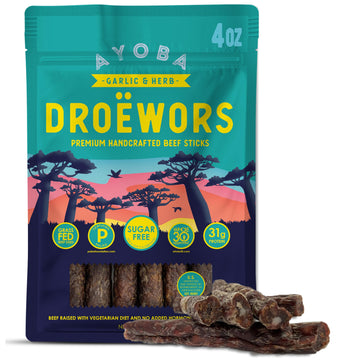 Ayoba Garlic Droewors Grass Fed Beef Paleo Sticks (4 Ounce, Pack Of 1) Keto Friendly, Air-Dried Grass Fed Beef Snack - Gluten Fr
