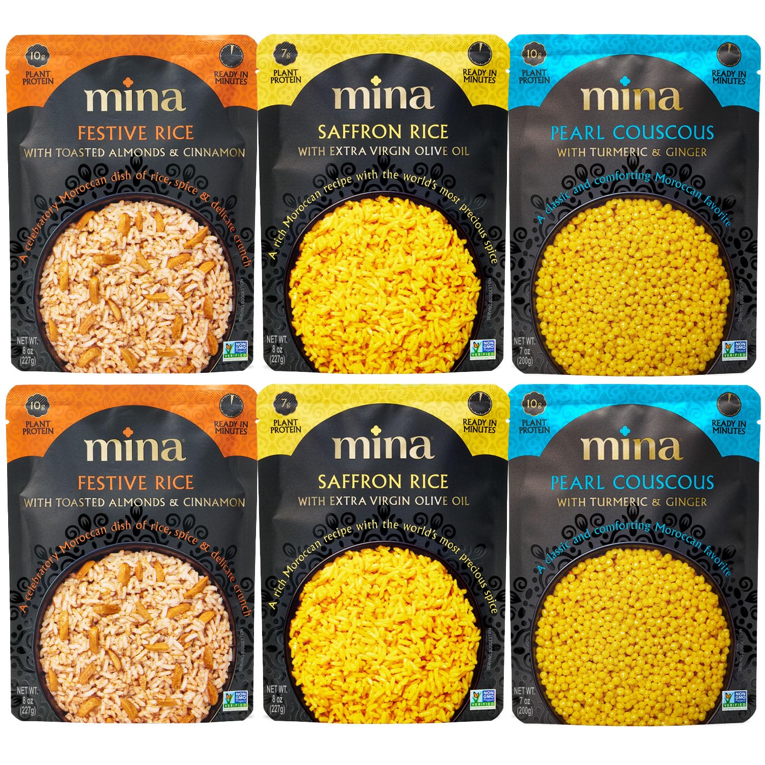 Mina Saffron Rice  Festive Rice  Pearl Couscous  Variety Pack Of 6  Ready To Eat  Microwavable  Couscous Pearls  Side Dishes  Vegan Protein  Non-Gmo  Kosher