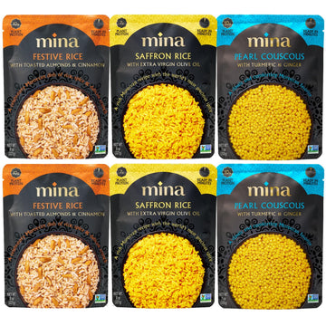 Mina Saffron Rice  Festive Rice  Pearl Couscous  Variety Pack Of 6  Ready To Eat  Microwavable  Couscous Pearls  Side Dishes  Vegan Protein  Non-Gmo  Kosher