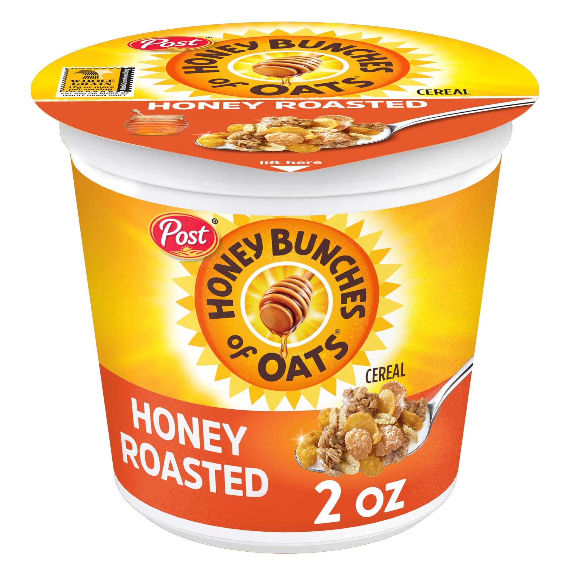 Post Honey Bunches Of Oats Honey Roasted Breakfast Cereal, Honey Oats Cereal With Granola Clusters, Small Cereal Cup Size For Easy On-The-Go Breakfast, 2 Oz Cereal Cup