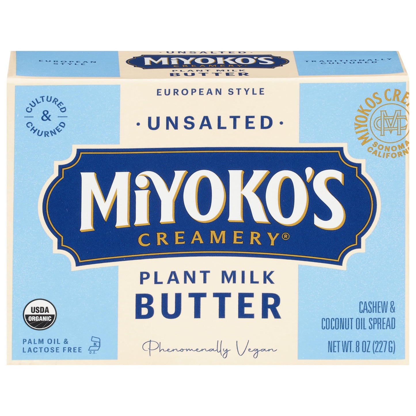 MIYOKOS CREAMERY Organic Vegan Butter, Unsalted, European Style, Cultured Plant Milk Based, Unsalted, 8 oz Stick (1-Pack)