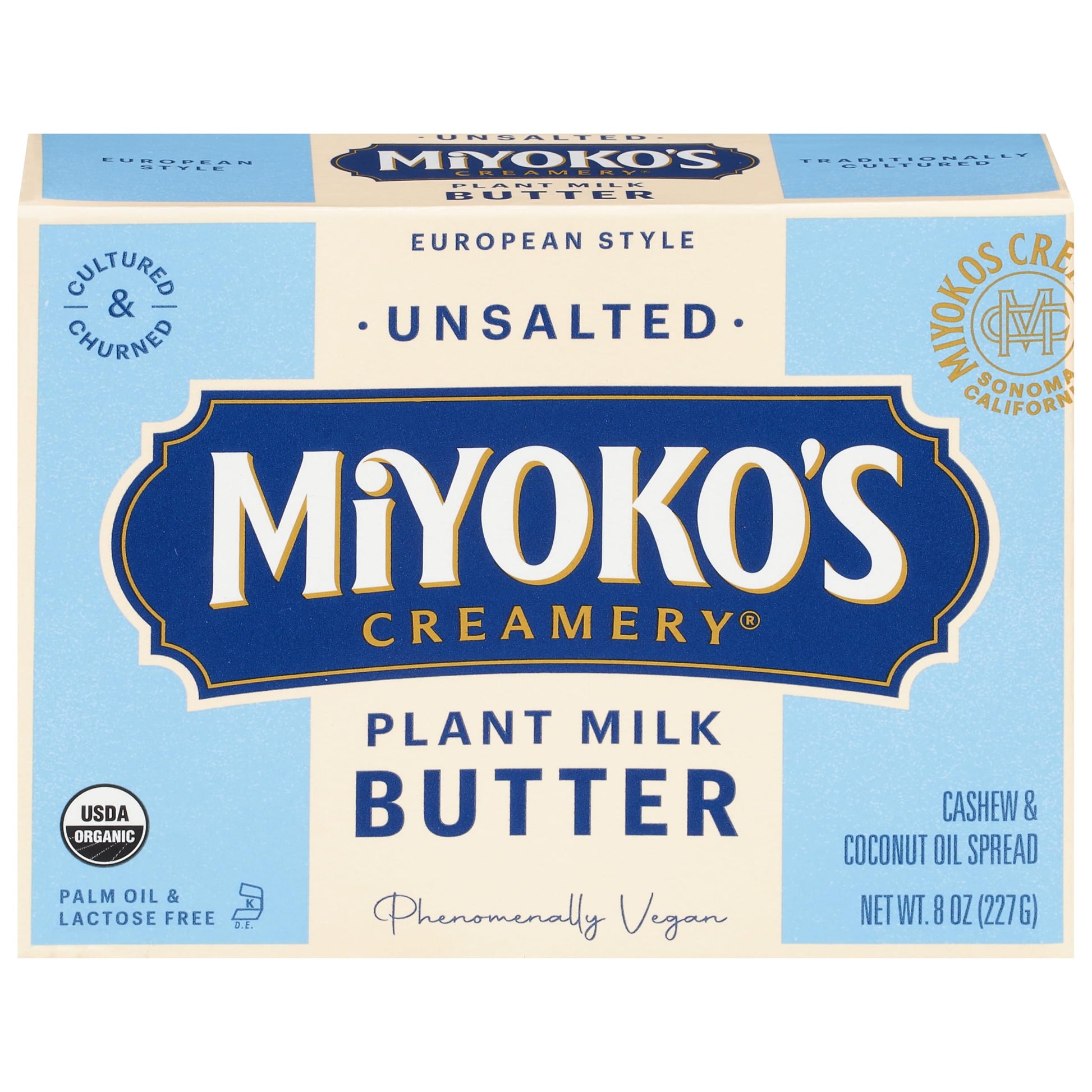 MIYOKOS CREAMERY Organic Vegan Butter, Unsalted, European Style, Cultured Plant Milk Based, Unsalted, 8 oz Stick (1-Pack)