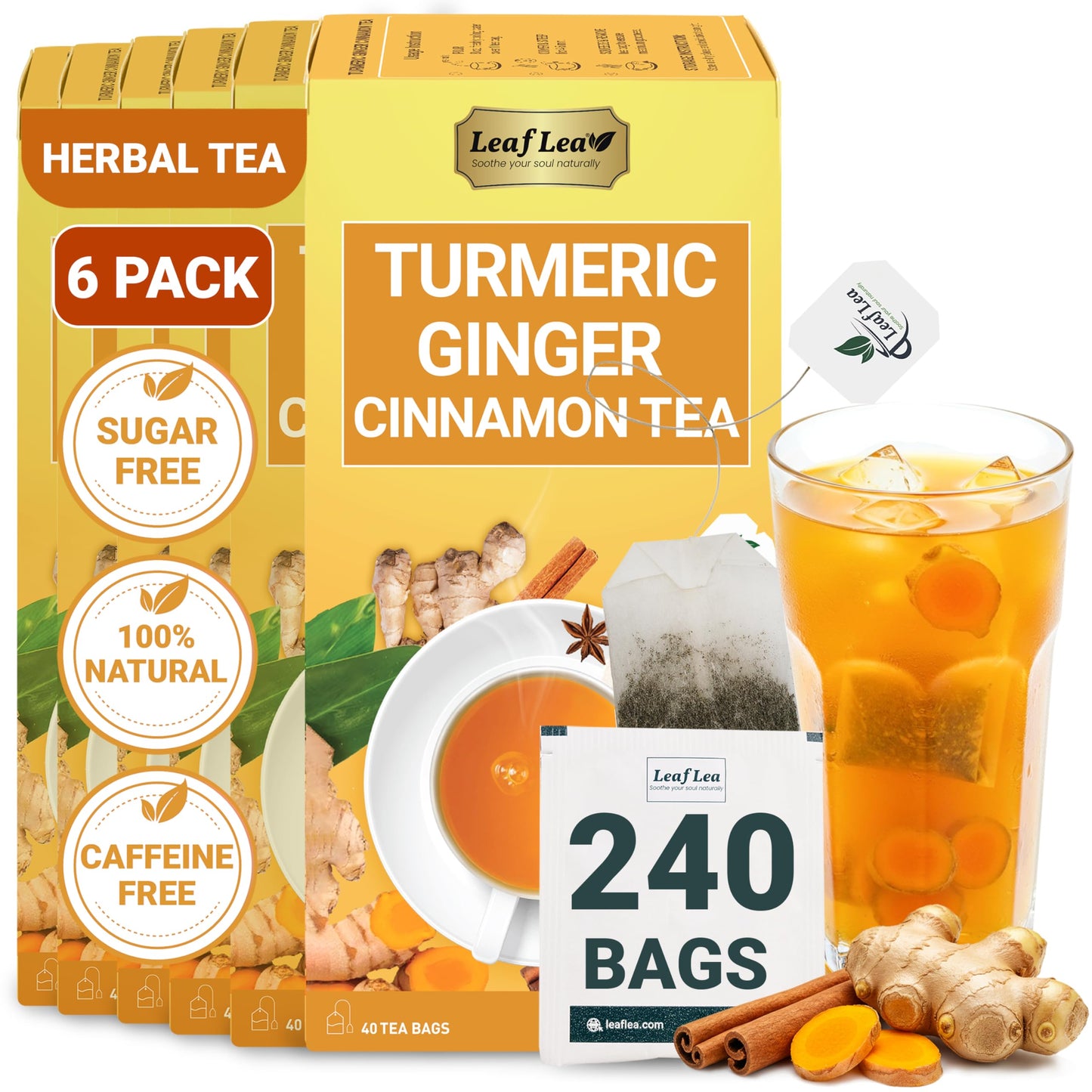 Leaflea 240 Turmeric Flavor Blendger Tea Bags  100% Natural Herbal Blend With Cinnamon  Supports Digestion And Immune Health  Warm And Spicy Flavor  Sugar-Free  Energy Blend-Free  Non-Gmo  Pack Of 6