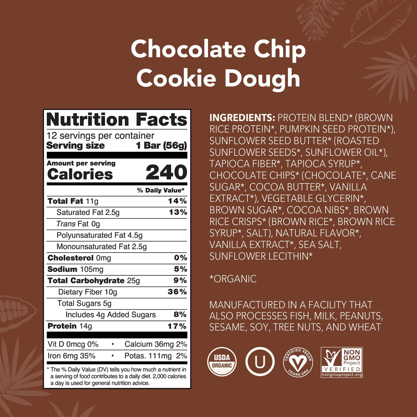 ALOHA Organic Plant Based Protein Bars - Chocolate Chip Cookie Dough - 12 Count, 1.9oz Bars - Vegan Snacks, Low Sugar, Gluten-Fr