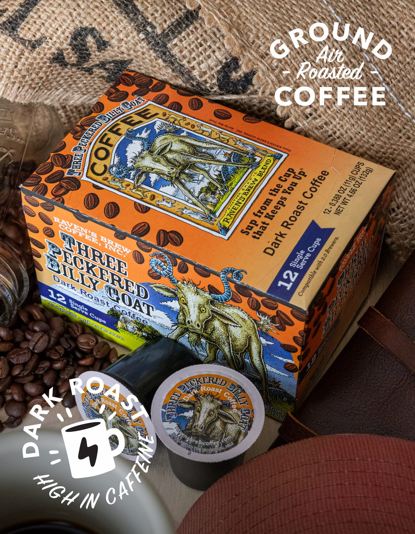Raven’S Brew Coffee High Caffeine Dark Roast K-Cup Compatible Single Serve Pods — Three Peckered Billy Goat 12Ct