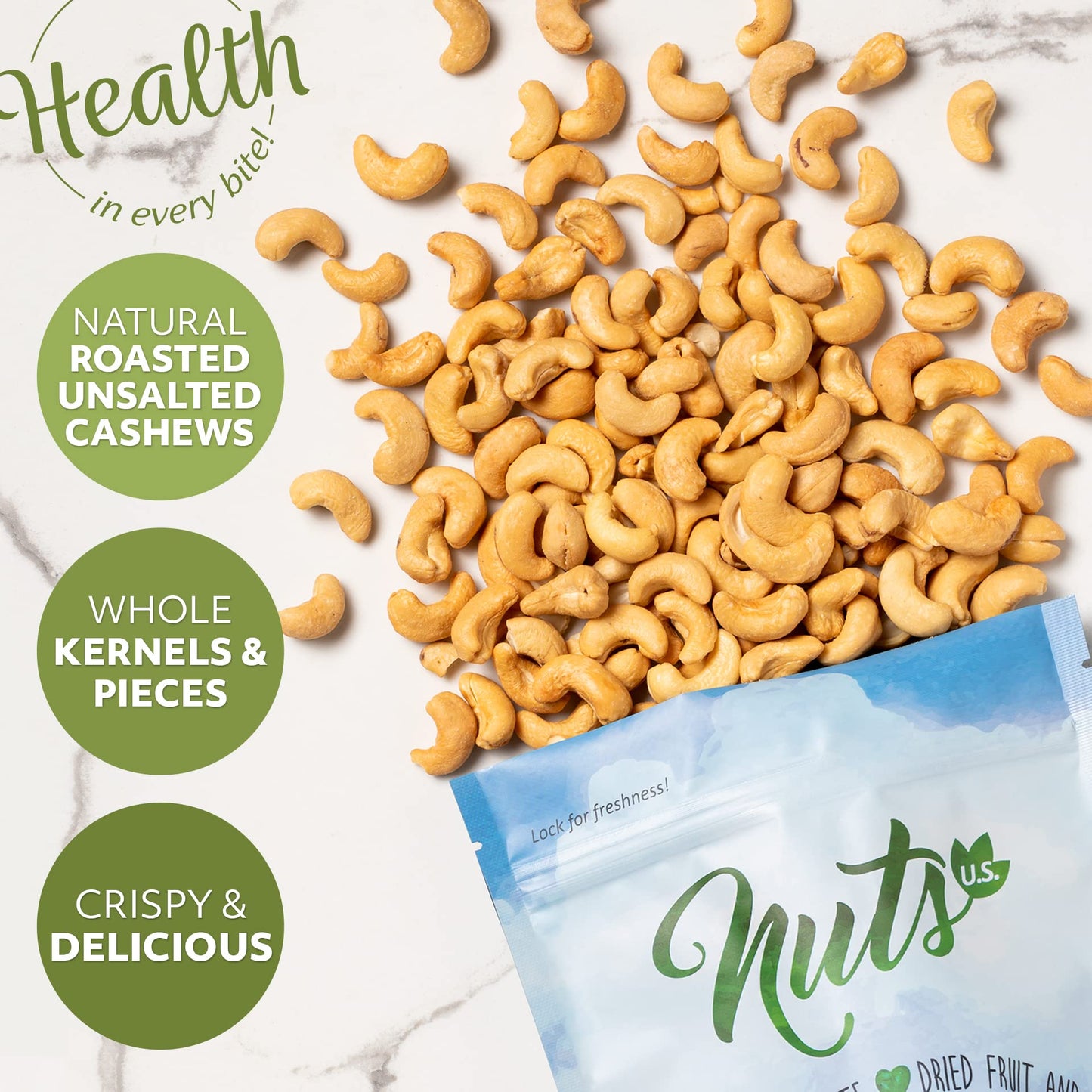 NUTS - U.S. Roasted Unsalted Cashews, Whole Kernels & Pieces, 1 LB