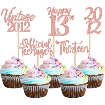 30PCS Happy 13th Birthday Cupcake Toppers Cheers to 13 Vintage 2012 Cupcake Picks Hello 13 Thirteen 13th Birthday Decorations fo